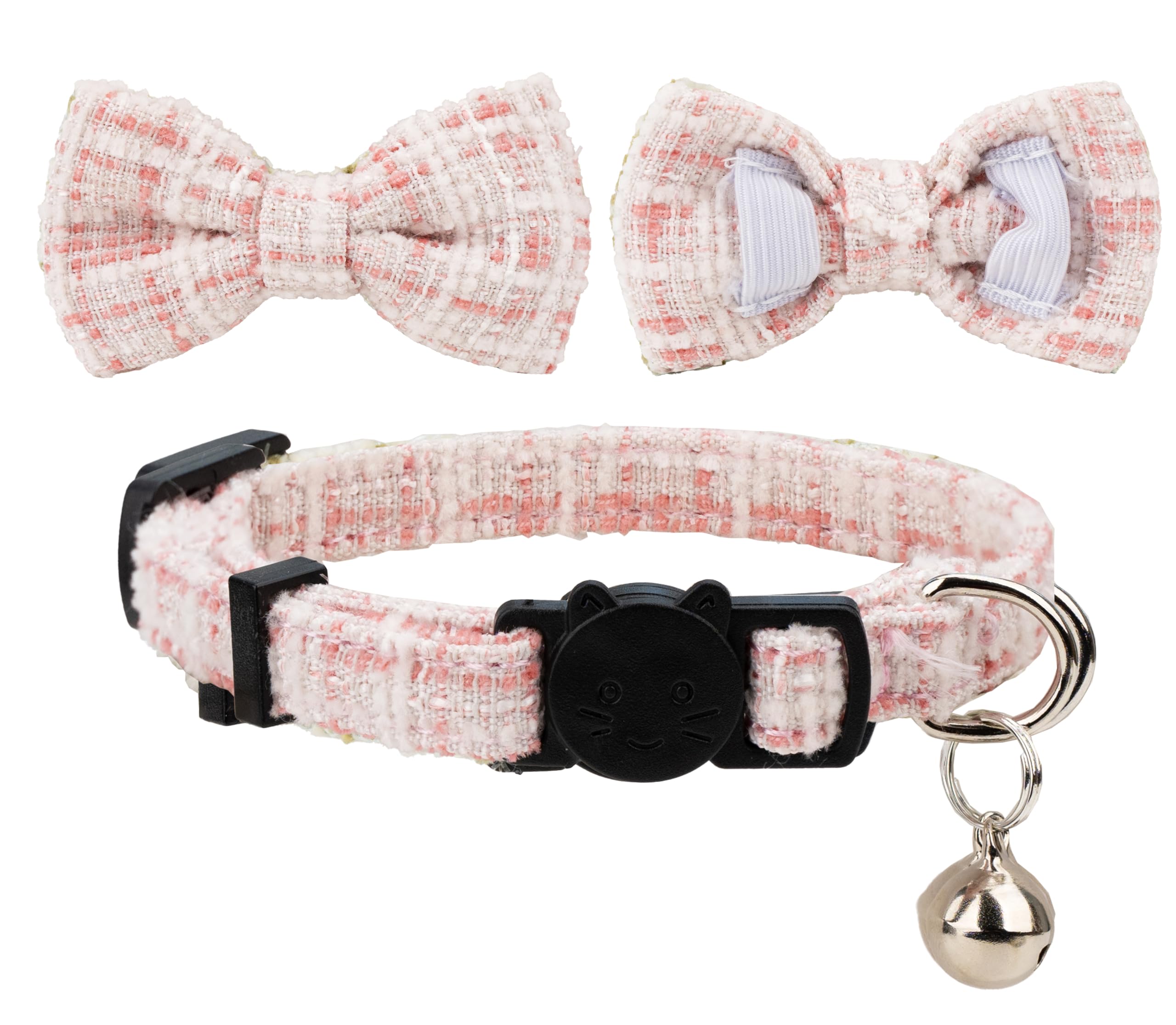 Gyapet Cat Collar Breakaway With Bell Boy Girl Kitten Bow Tie Safety Plaid Solid Color Set Cute Soft Summer B-[2Pcs] Pink