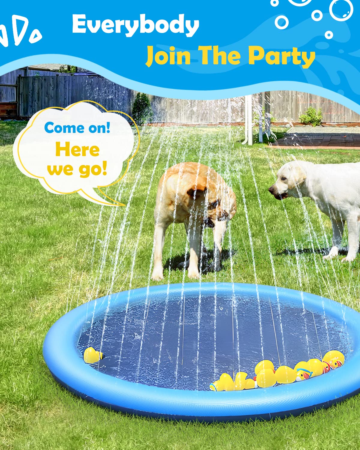 Peteast Anti-Slip Splash Pad For Kids And Dogs - 86In 0.58Mm Thicken Sprinkler Dog Pool For Summer Outdoor Water Toys - Fun Back