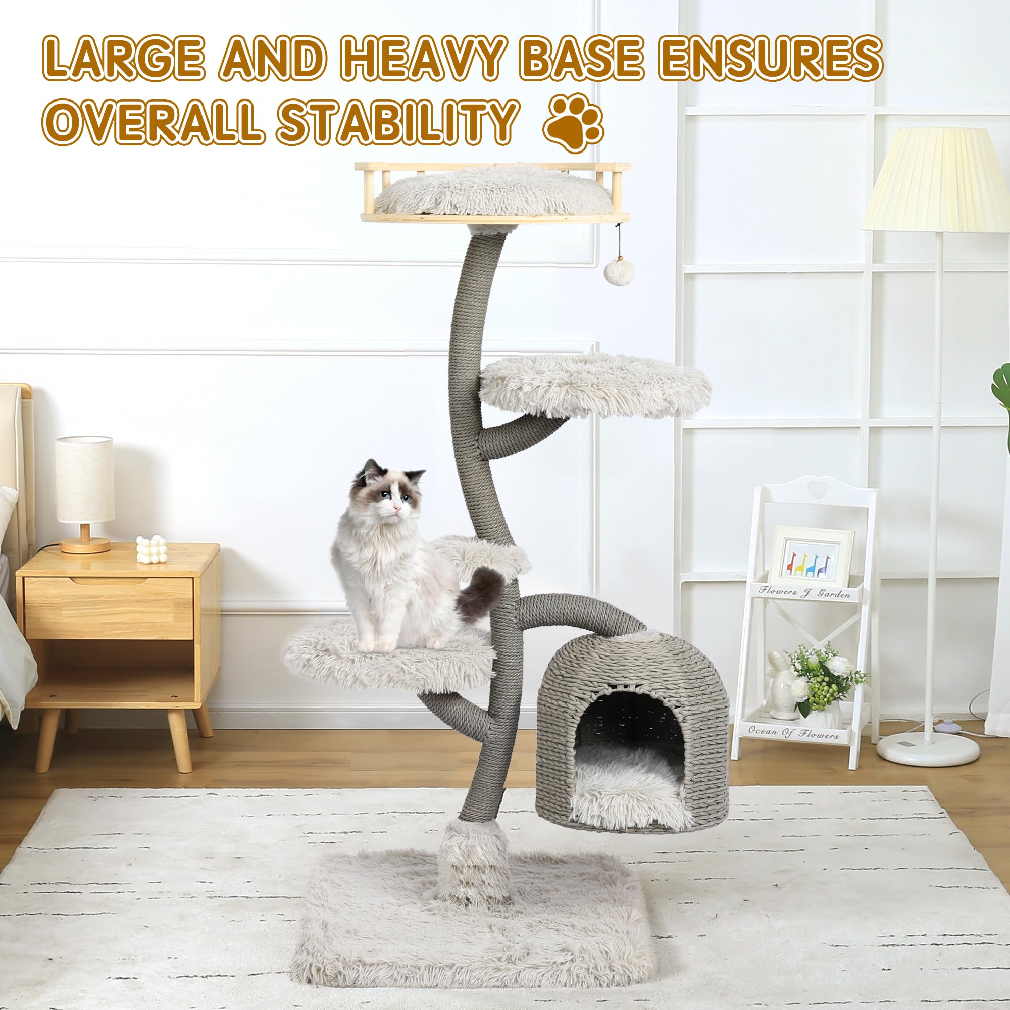 Kamaboko 55.9'' Tall Cat Tree With Birdcage Cat Condo For Large Cats, Modern Cat Tree Tower With Scratching Post, Cat Tower With