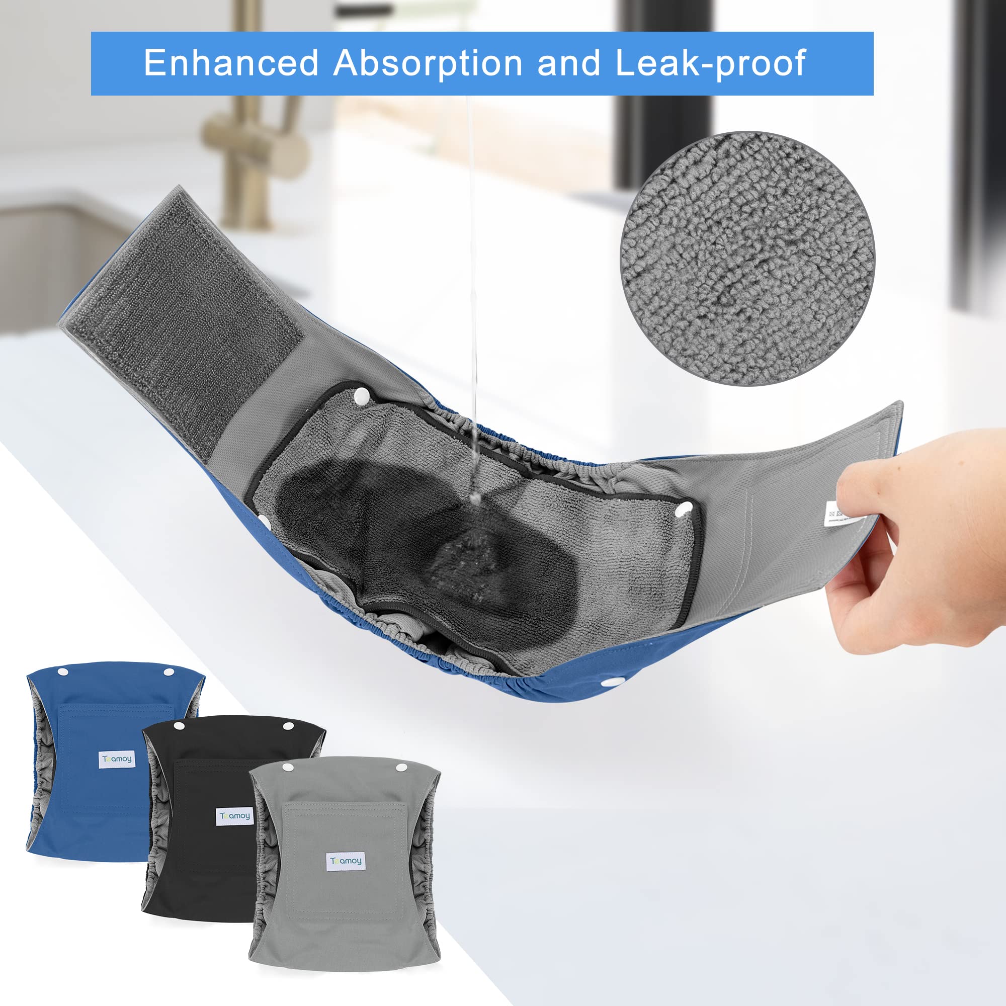 Teamoy Belly Bands For Male Dogs With Removable Pads, Reusable Washable Puppy Dog Diaper Wraps With Gray Lining(Pack Of 3),L1