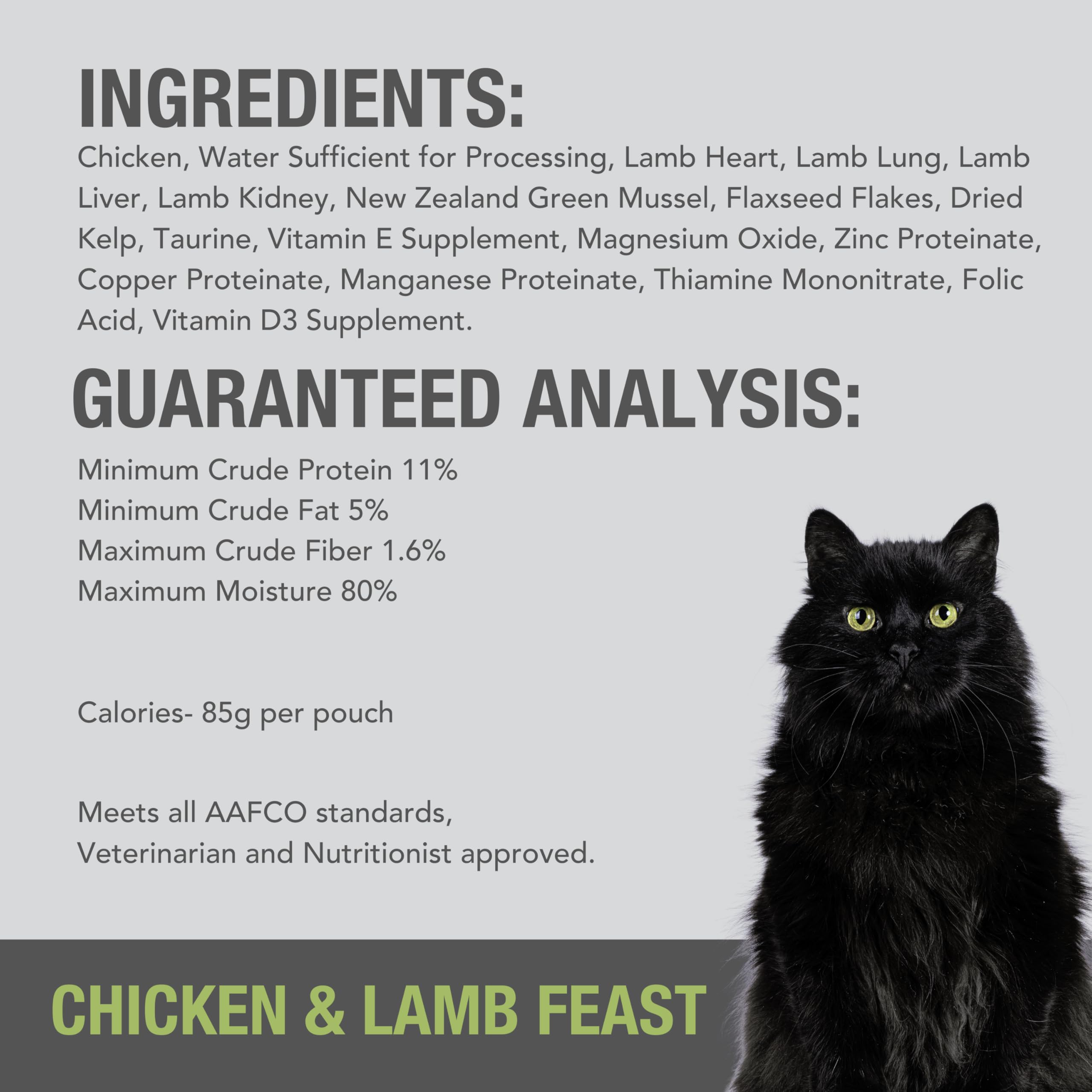 Feline Natural Wet Cat Food Pouch - Chicken & Lamb Feast, Grain-Free, 3oz, 12 Pack, New Zealand Made, Single Serve Pate