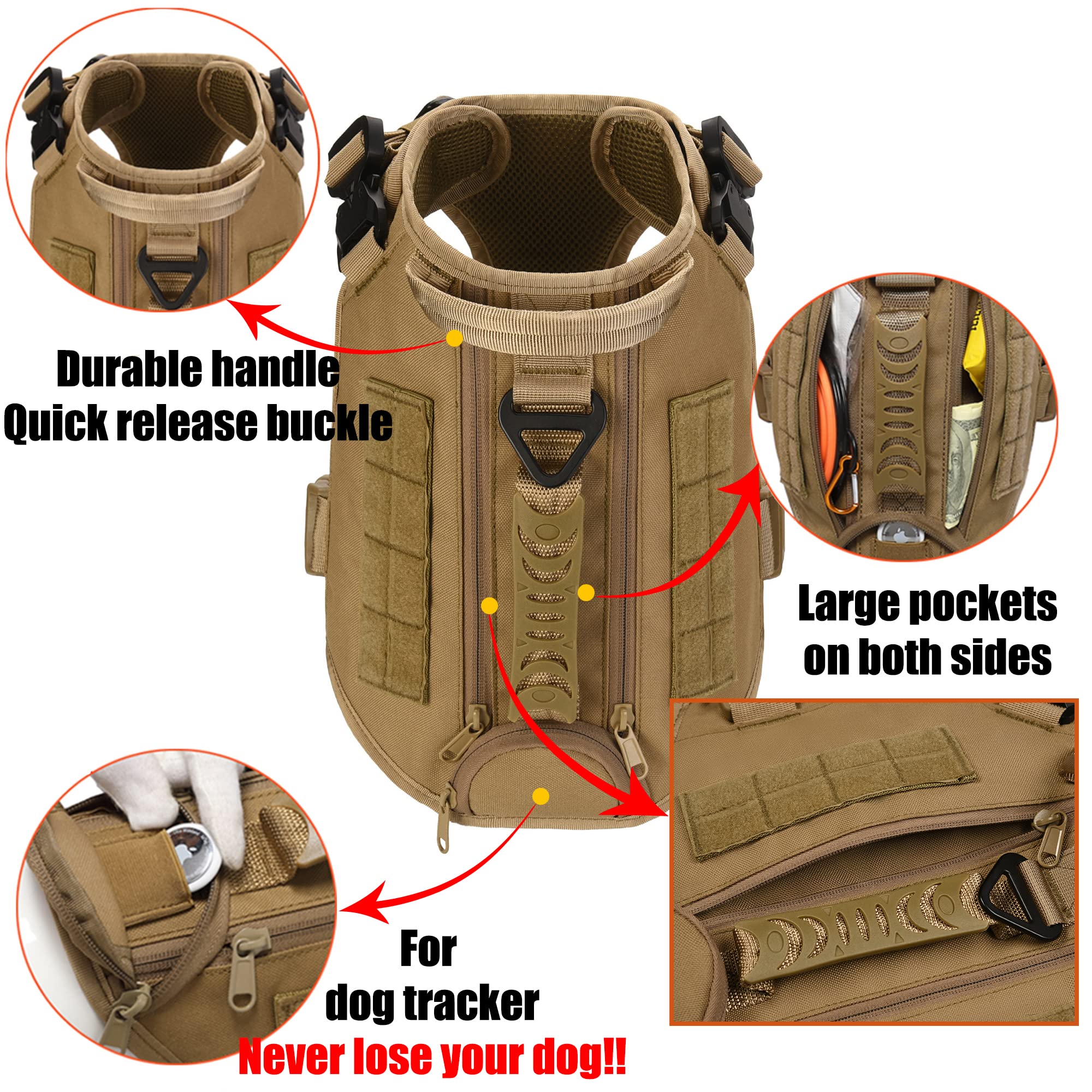 Tactical Dog Harness For Medium And Large Dogs No Pull Adjustable Dog Vest For Training Hunting Walking Military Dog Harness With Handle Service Dog Vest With Molle & Loop Panels Khaki,L(Vest Only)