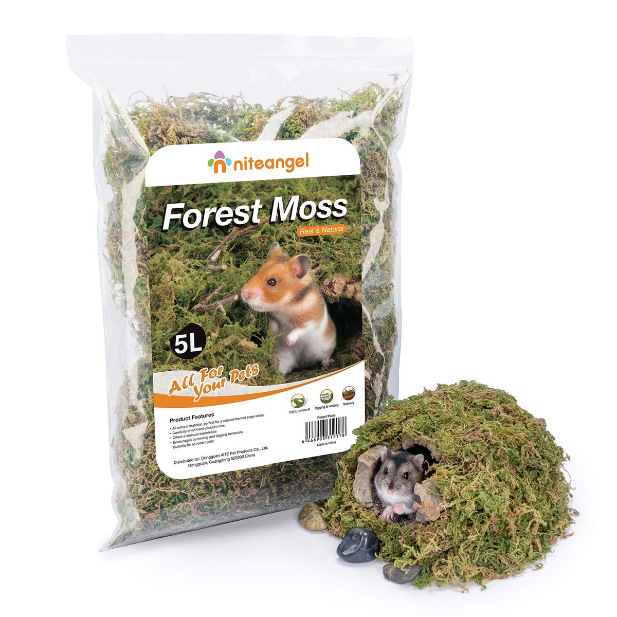 Niteangel 5L Forest Moss Soft Natural Moss Bedding Nesting For Dwarf Syrian Hamsters, Gerbils, Mices, Degus Or Other Small Anima