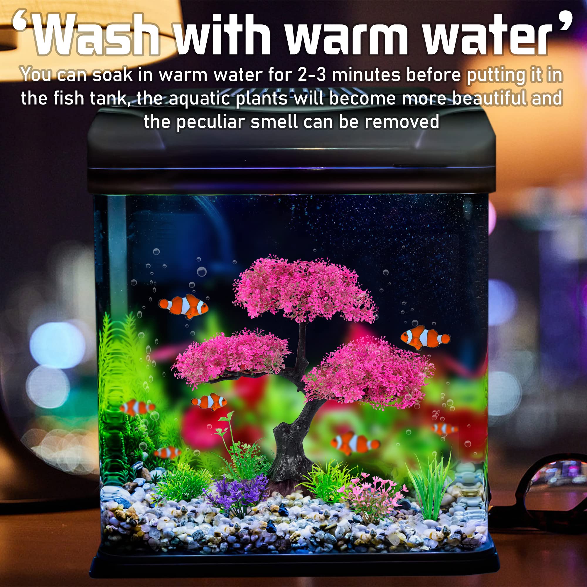 Ameliade Aquarium Artificial Plastic Plants Decoration, Pink Cherry Blossom Tree & Grass Aquarium Decor Set, Goldfish Betta Fish Tank Decorations Hides Accessories(Pink