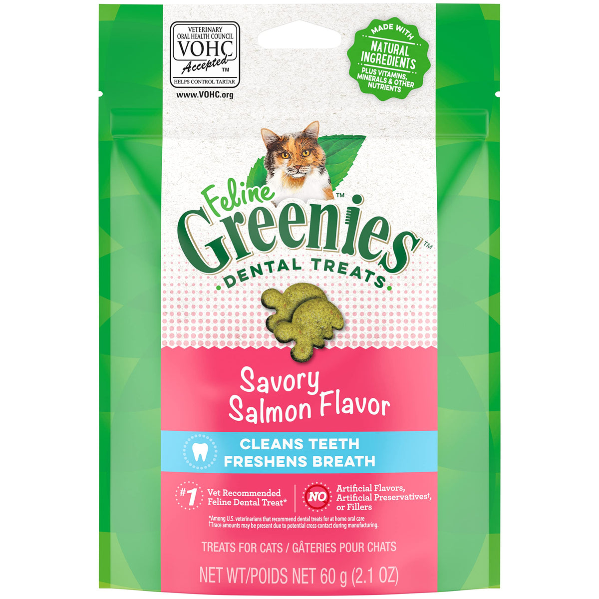 Greenies Feline Adult Natural Dental Care Cat Treats, Savory Salmon Flavor, 2.1 Oz. Pouch