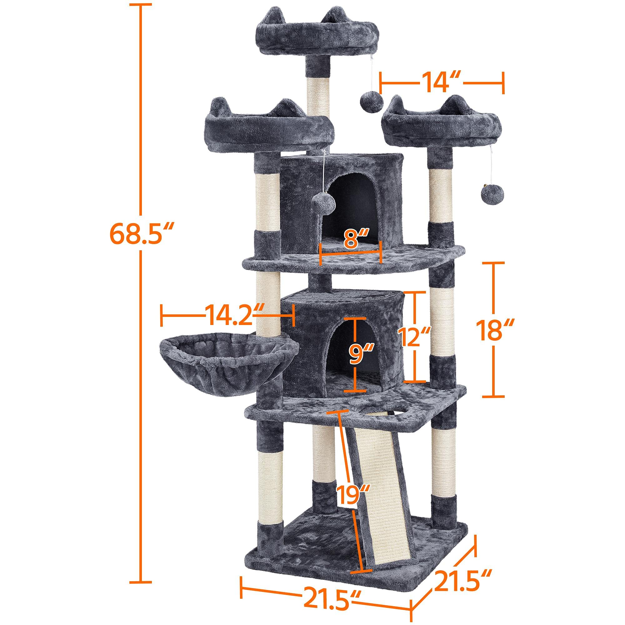 Yaheetech 68.5In Multi-Level Cat Tree Large Cat Condo With Sisal-Covered Platforms Scratching Board & Scratching Posts, Cozy Perches, Stable Cat Tower Cat Condo Pet Play House, Dark Gray