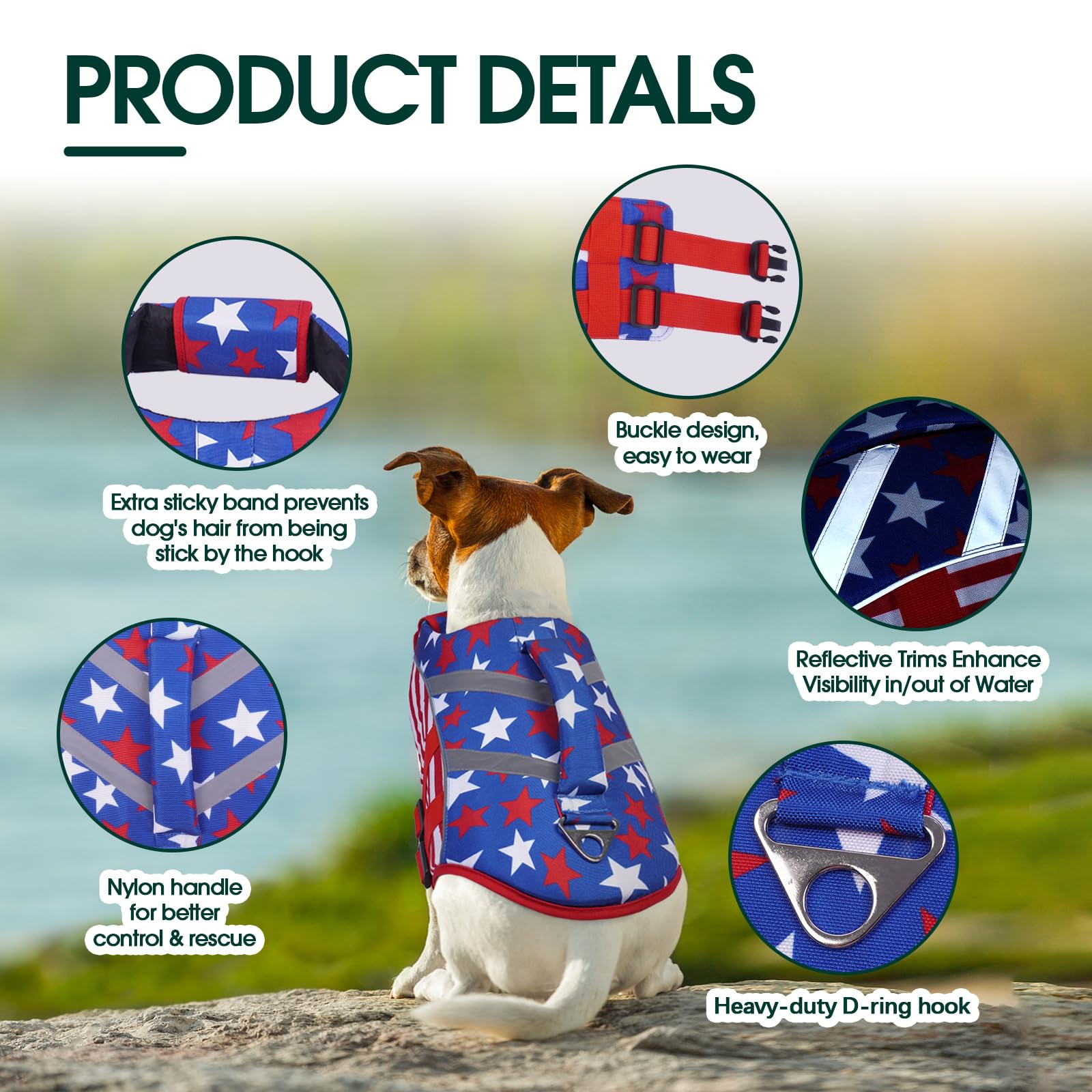 Kuoser Dog Life Jacket XL - American Flag, Reflective Nylon Vest for Large Dogs, High Flotation, Chest Girth 25.9-33.4''