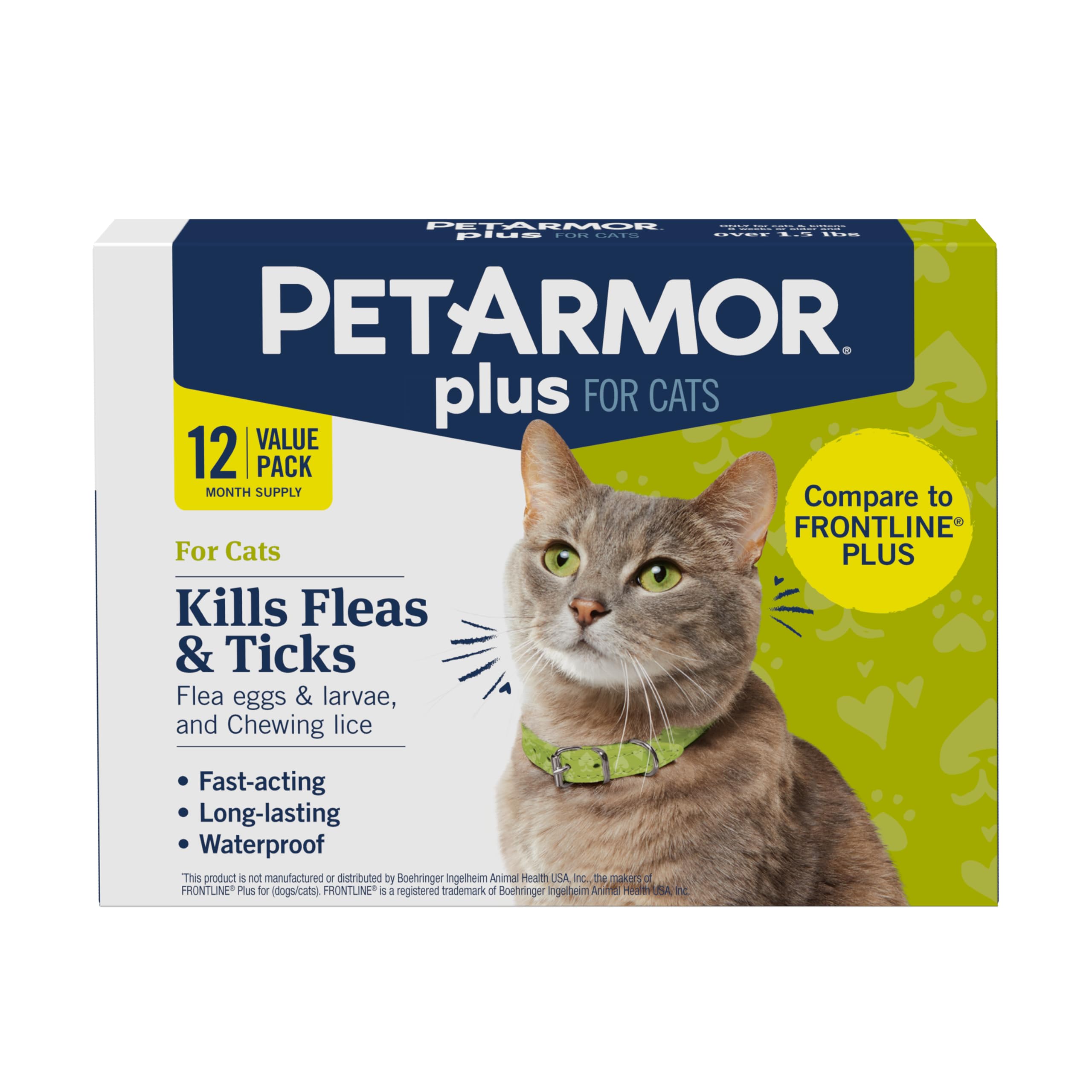 PetArmor Plus Flea and Tick Prevention for Cats, Cat Flea and Tick Treatment, 12 Doses, Waterproof Topical, Fast Acting, Cats Ov