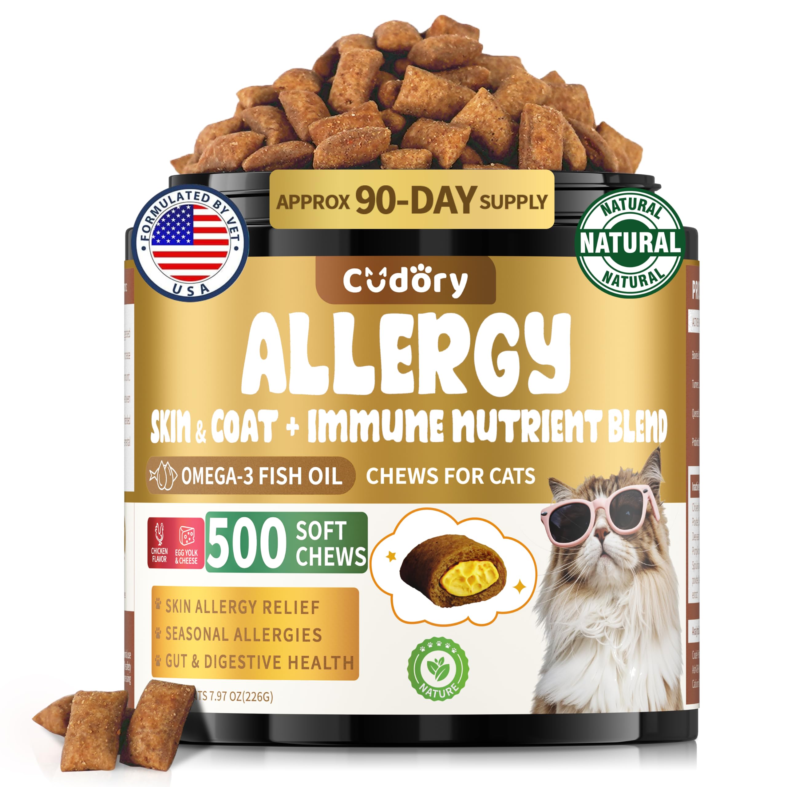 Cat Allergy Relief Chews for Cats, 500 Crunchy & Creamy Treats, Supports Itchy Skin, Paw Licking, Sneezing & Watery Eyes, Omega-