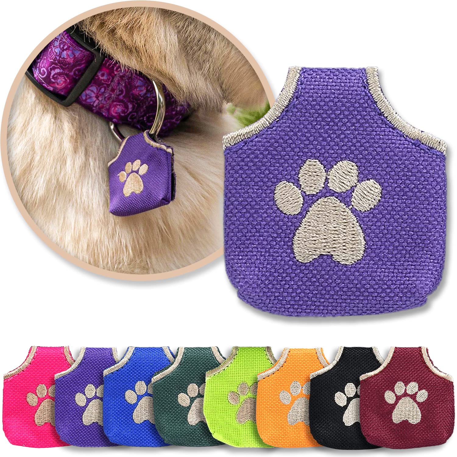 Woofhoof Dog Tag Silencer, Purple Pawprint - Quiet Noisy Pet Tags - Fits Up To Four Pet Ids - Dog Tag Cover Protects Metal Pet Ids, Made Of Durable Nylon, Universal Fit, Machine Washable
