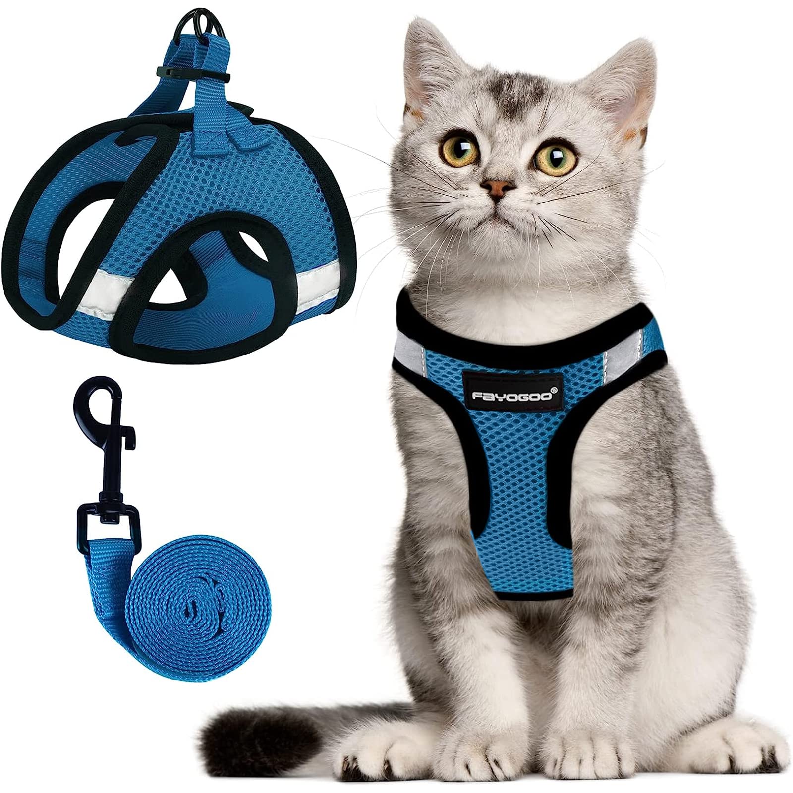 Fayogoo Cat Harness (Tranquil Teal, L: Chest 13-15''), Escape Proof, Lightweight, Reflective Strip, For Small Cats/Dogs