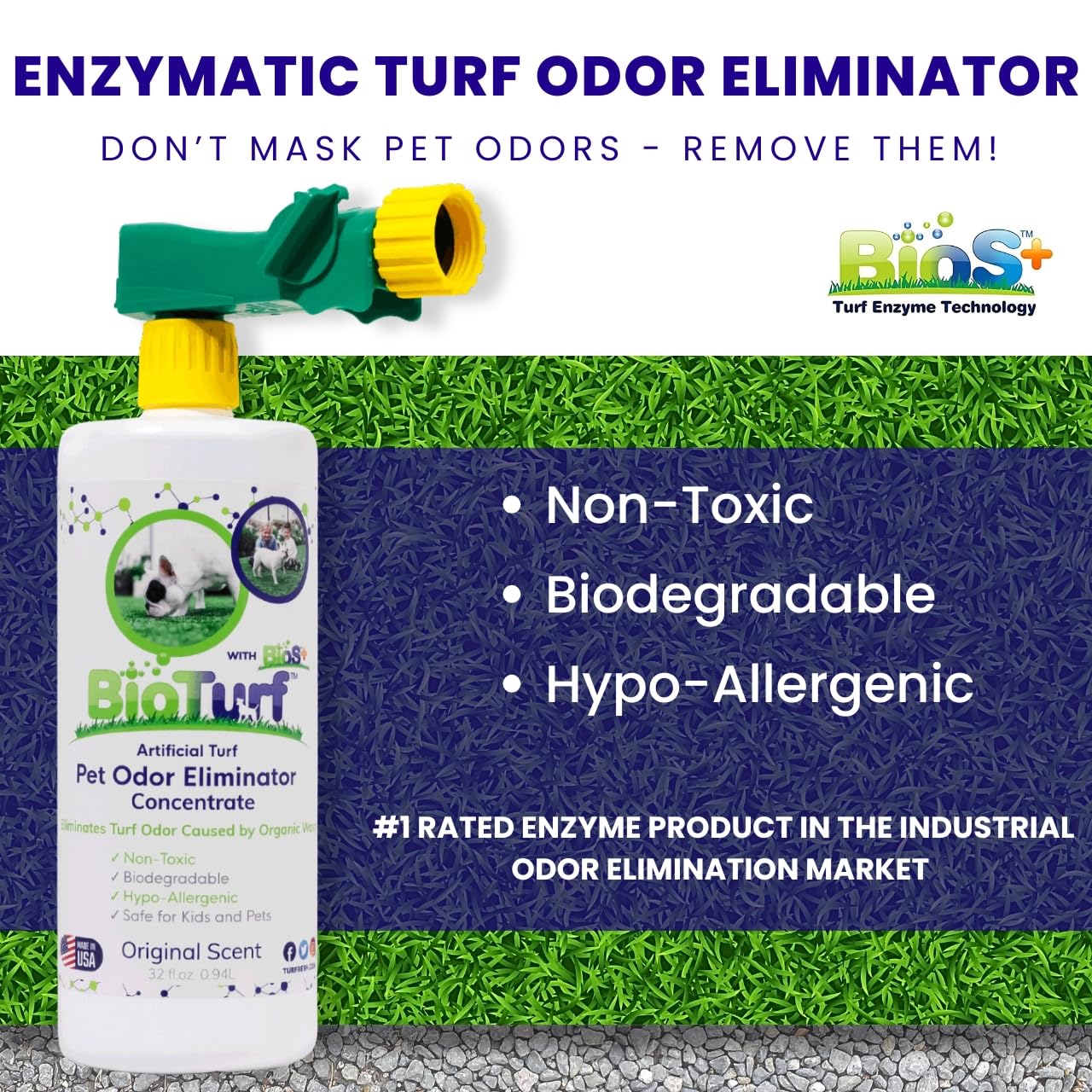 Bioturf Bios+ Artificial Turf Pet Odor Eliminator Concentrate 2 Pack; Organic, Non-Toxic, Eco-Friendly Enzyme Cleaner; Outdoor U
