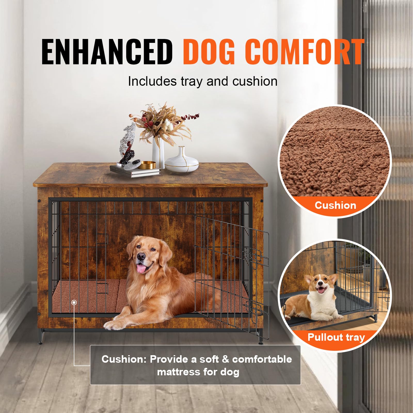 VEVOR Dog Crate Furniture, 38 inch Wooden Dog Crate with Double Doors, Heavy-Duty Dog Cage End Table with Multi-Purpose Removabl