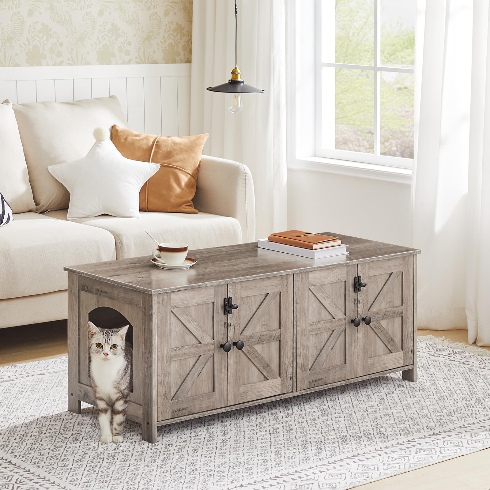 Hoobro 47.2'' Litter Box Enclosure For 2 Cats, Hidden Litter Box Furniture With Double Rooms, Wooden Cat Litter Box Enclosure, D