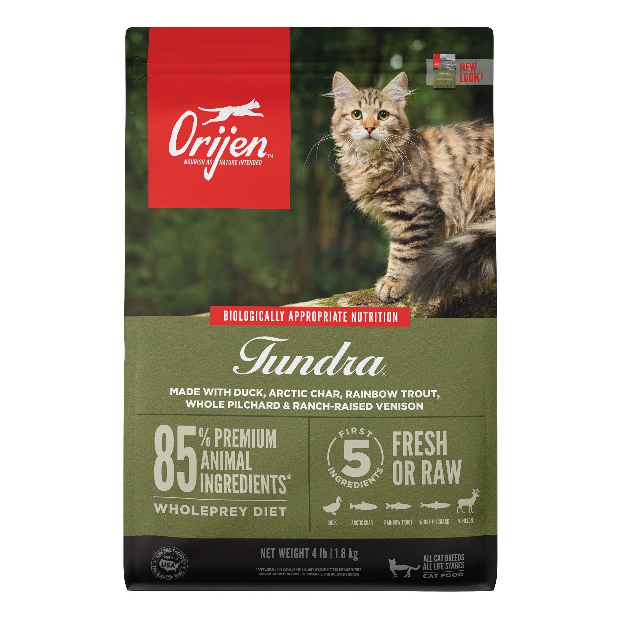 ORIJEN Tundra Dry Cat Food, Grain Free, WholePrey Diet, 4lb, Green