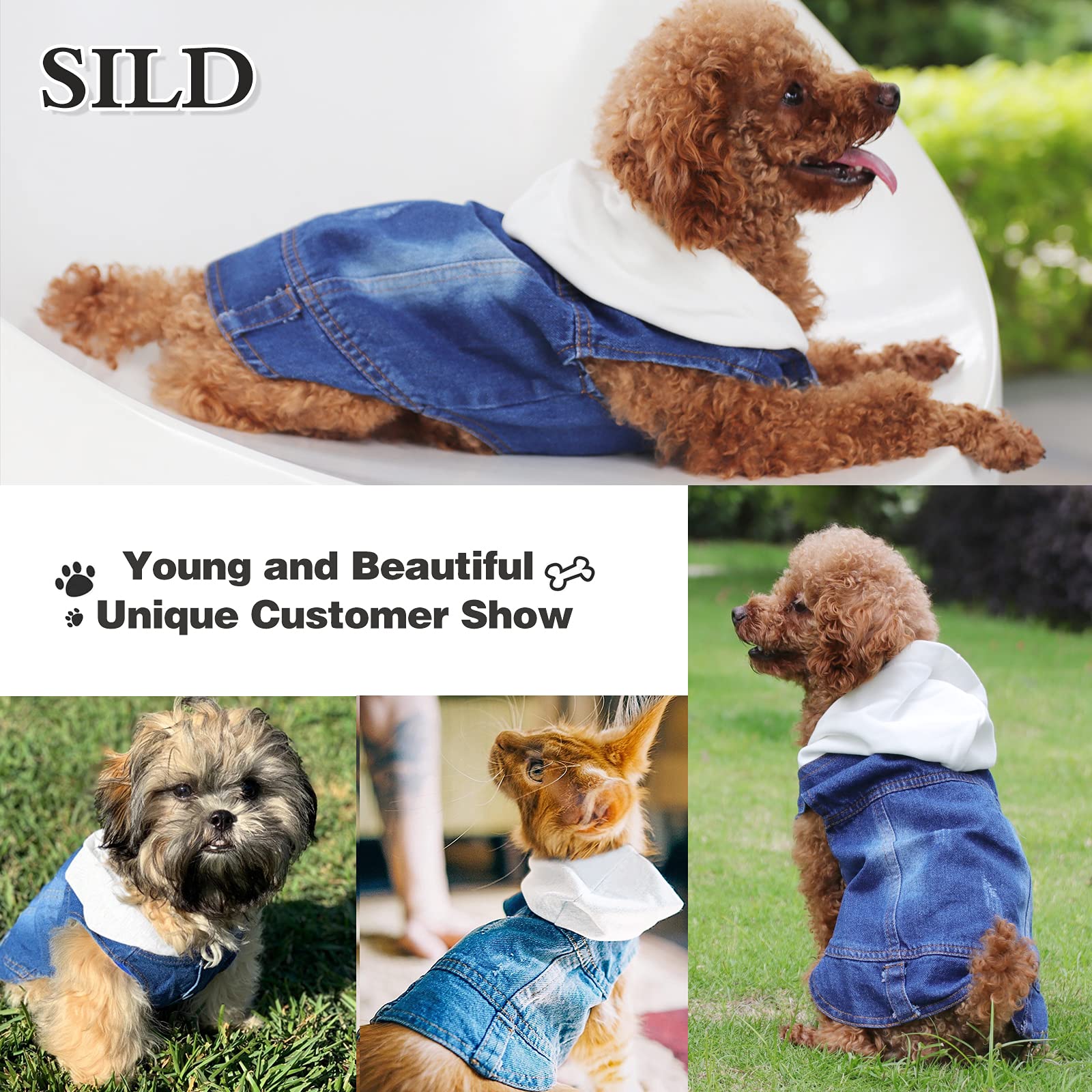 Sild Pet Clothes Dog Jeans Jacket Cool Blue Denim Coat Small Medium Dogs Lapel Vests Classic Hoodies Puppy Blue Vintage Washed Clothes (White,S)