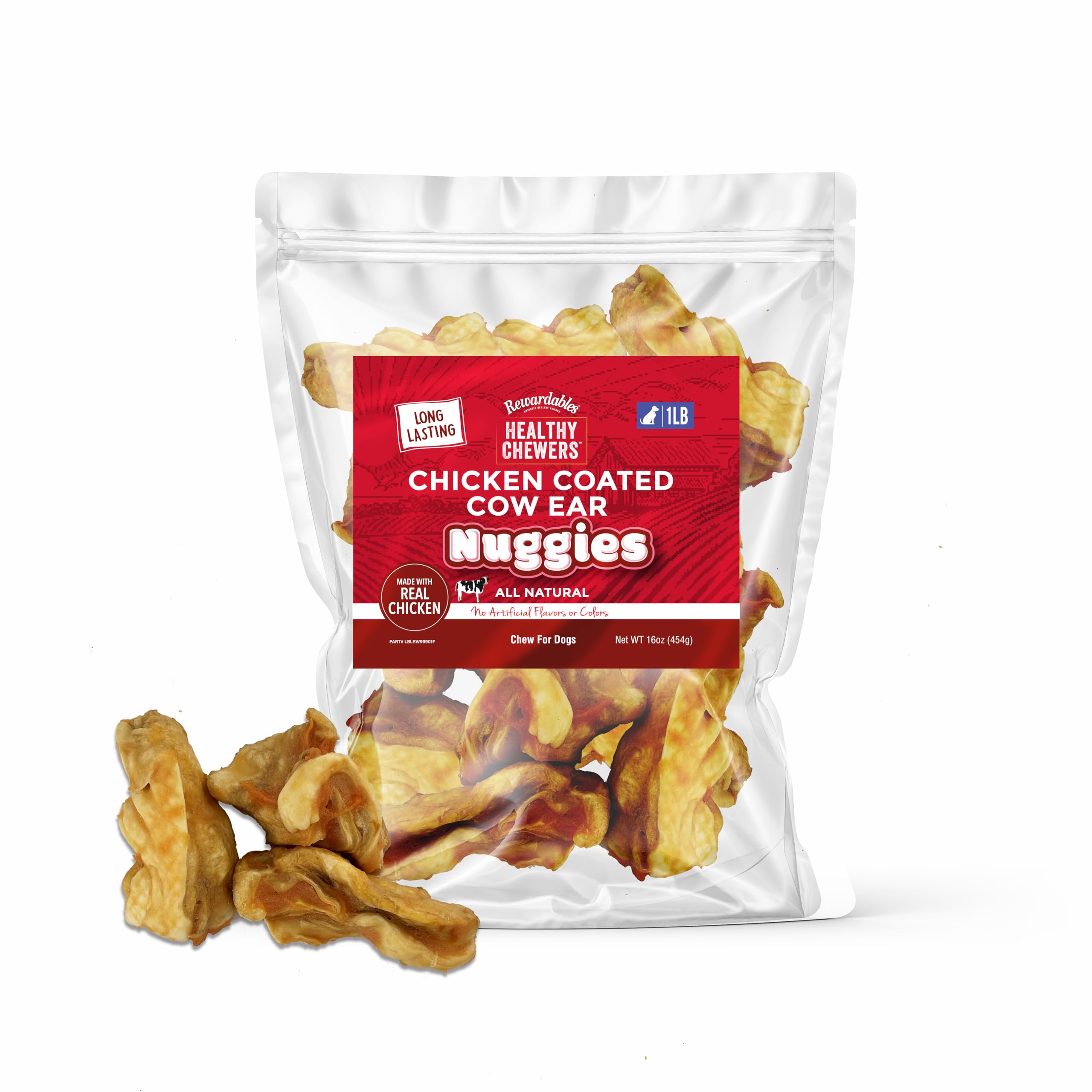 Rewardables Chicken Coated Cow Ear Nuggies for Dogs - Natural Long Lasting Dog Treats, No Artificial Flavors, 1 lb Bag - Ideal f