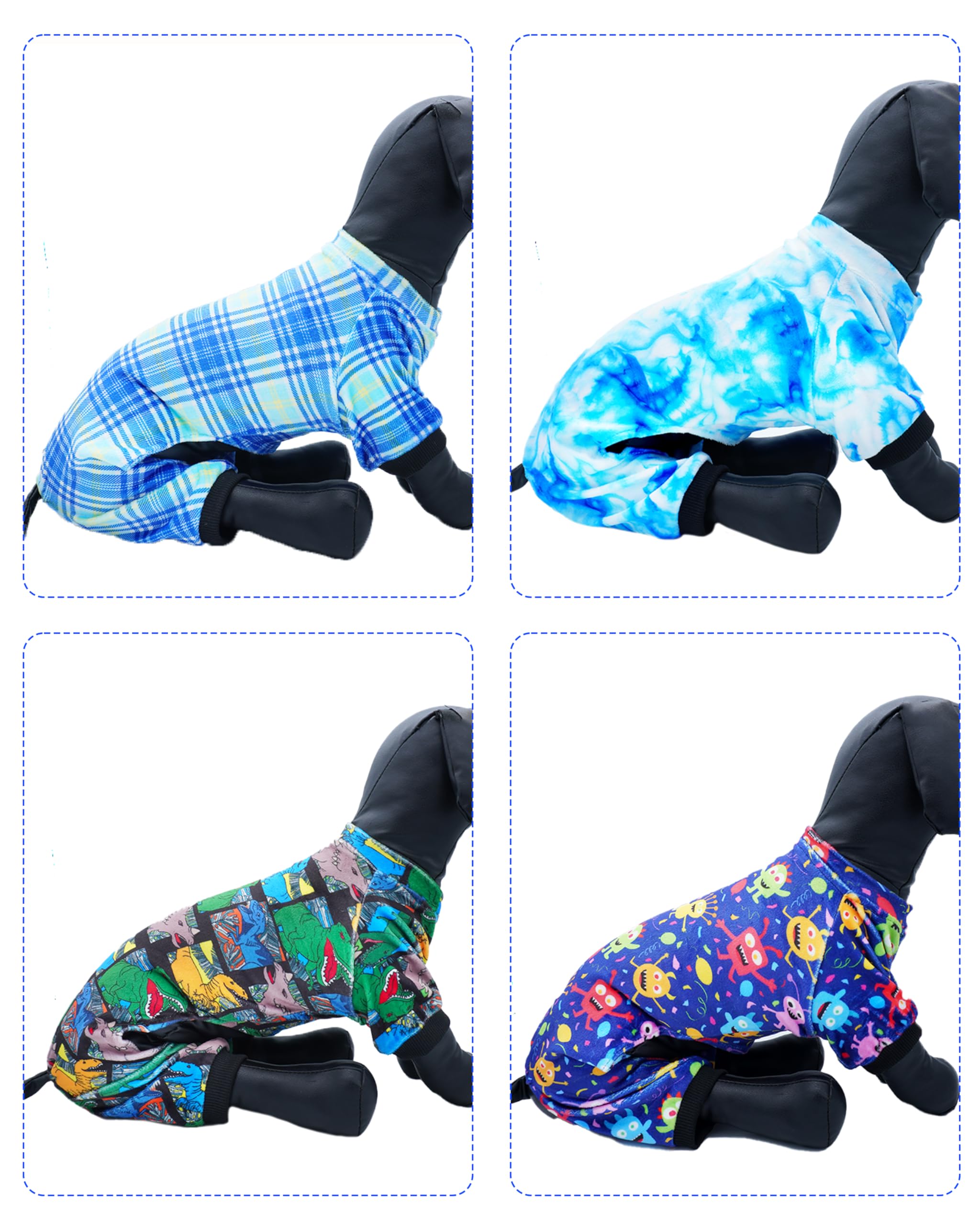 Pet Show 4 Pack Small Dog Pajamas Cute Dinosaur Monster Clothes For Medium Dogs Soft Stretchy Pjs Plaid Jumpsuit Puppy Cats Tie