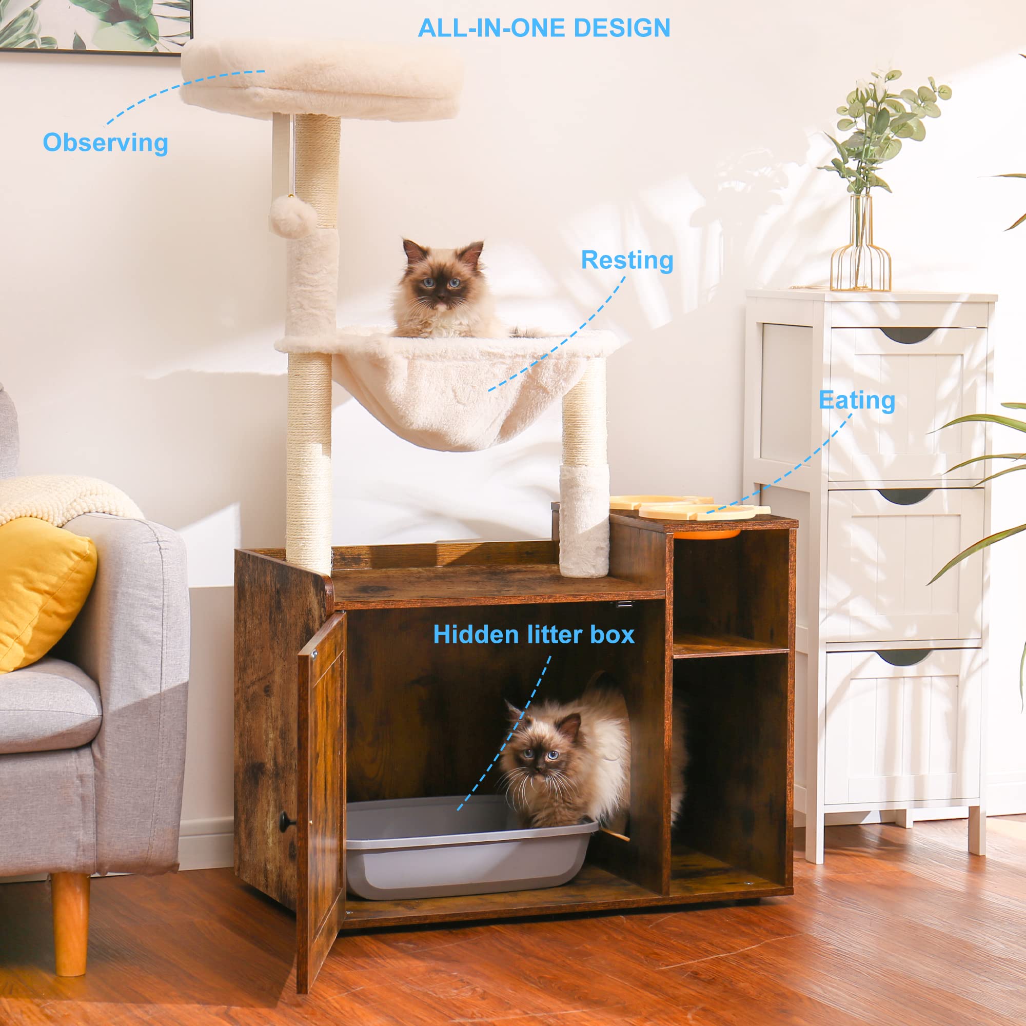Hey-brother Cat Tree with XL Litter Box Enclosure, Rustic Brown, L (28.3"×17.7"×48"), Plush Fabric, Scratching Posts, Modern Design