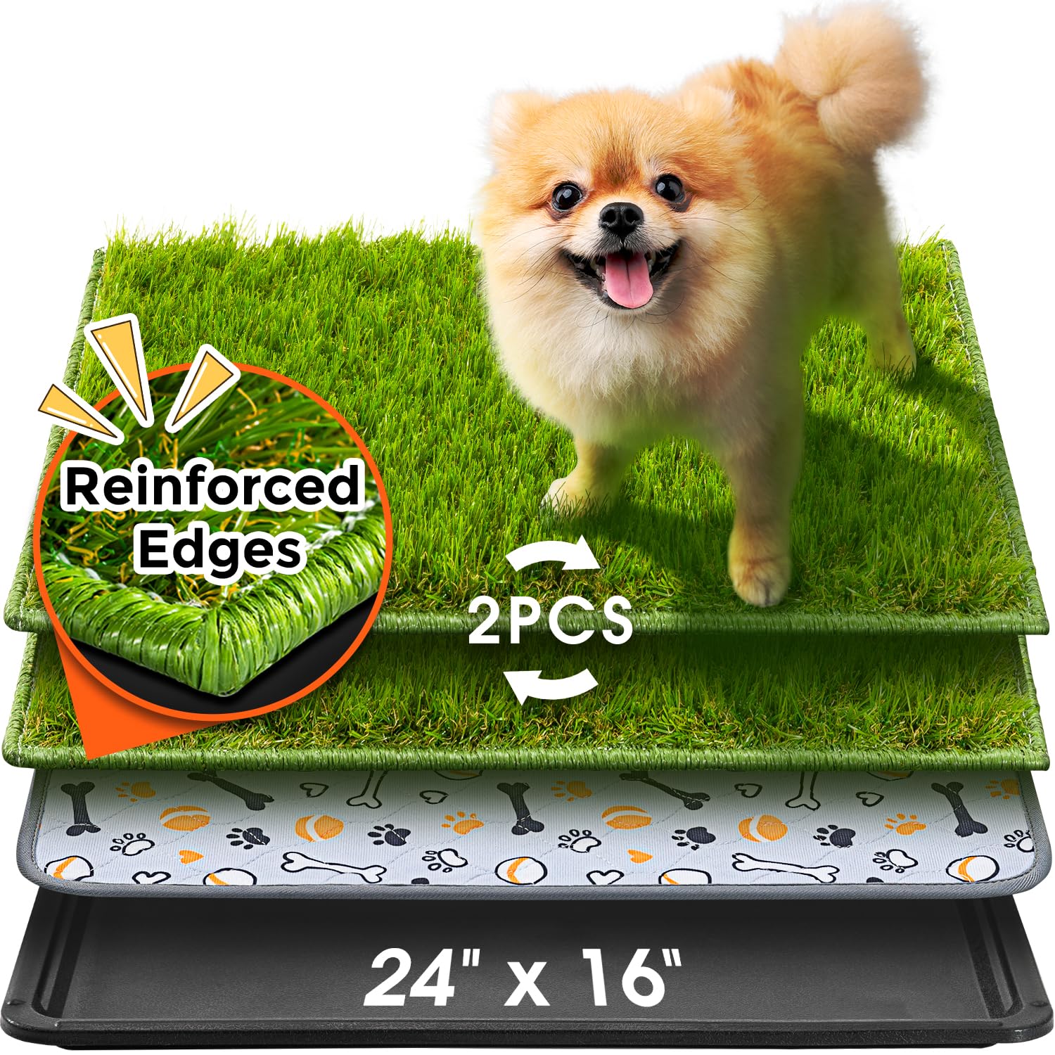Hompet Dog Grass Pad with Tray Large, 24x16, 2 Reusable Artificial Turf for Dogs Potty, Waterproof Non-Slip Washable Pee Pads, Q