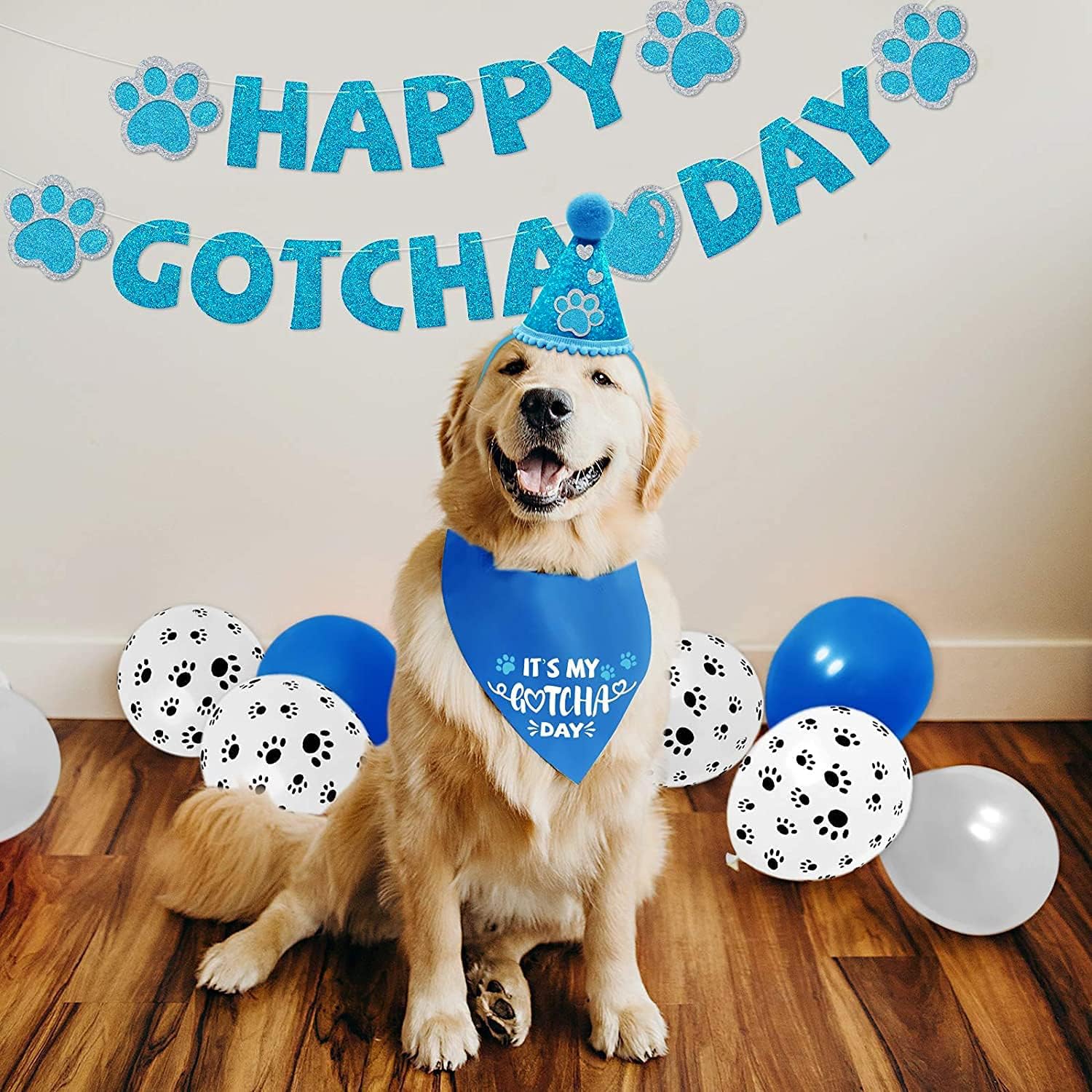 Sinfun Happy Gotcha Day Dog Bandana- Dog Birthday Party Supplies Boy Girl Gotcha Day Triangle Scarf With Hat Banners Balloons It