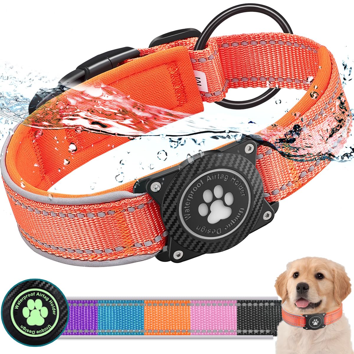 Okvsko Airtag Dog Collar With Waterproof Air Tag Holder, Luminous Reflective, Soft Padded, Adjustable Nylon Pet Collar For Small