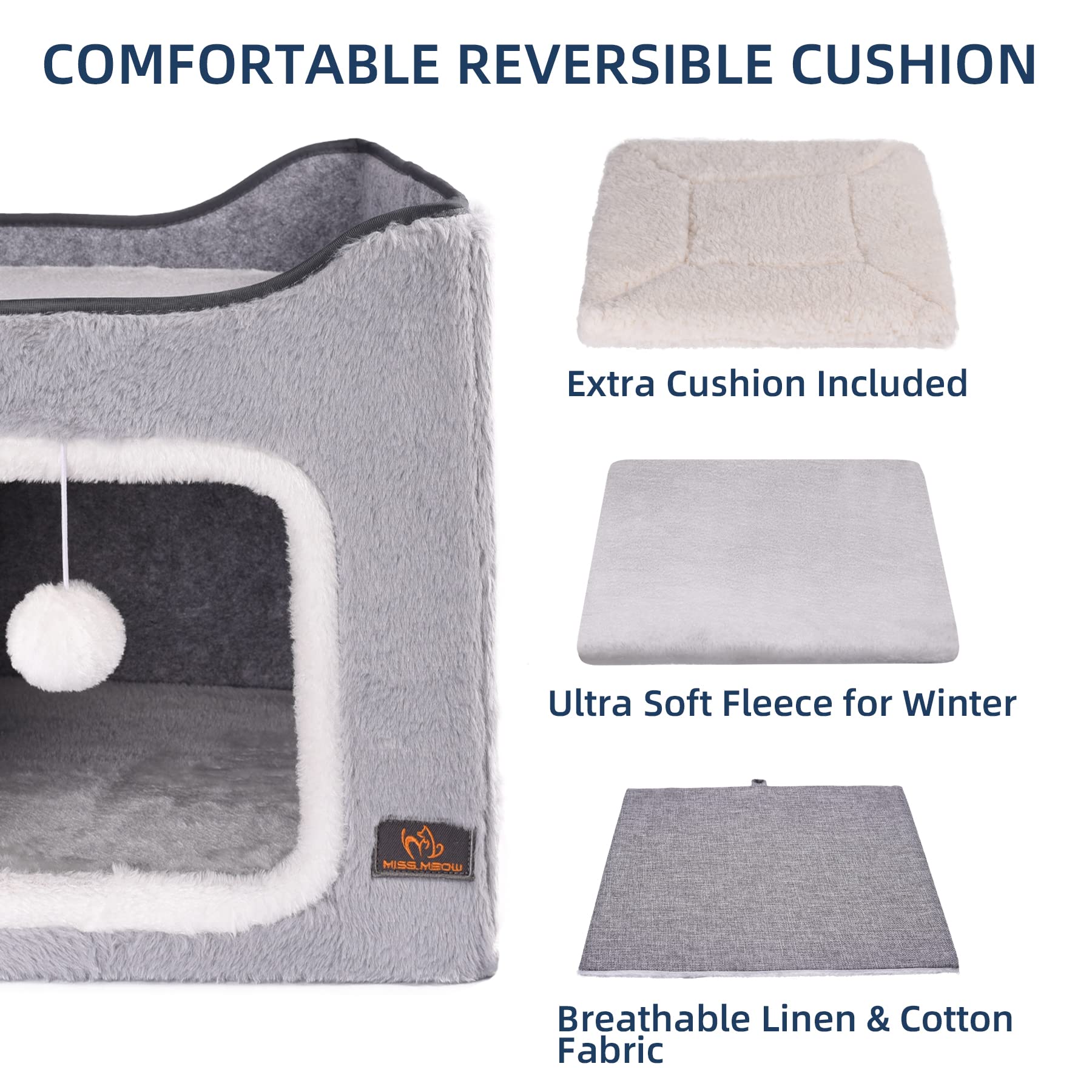 Miss Meow Cat Bed For Indoor Cats,Medium Large Cats Cave Bed,Machine Washable Slip Resistant Bottom,Ultra Soft Plush Cushion (Gray Fleece House)
