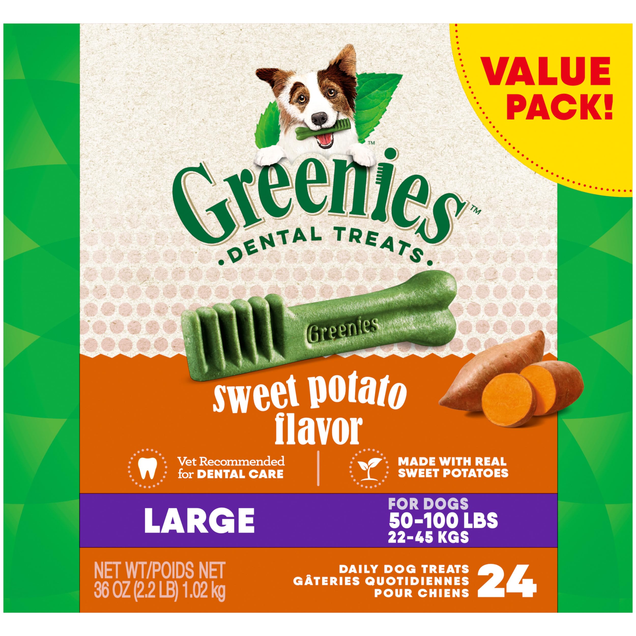 Greenies Large Dental Dog Treats, Sweet Potato Flavor, 36 oz. Pack (24 Treats)