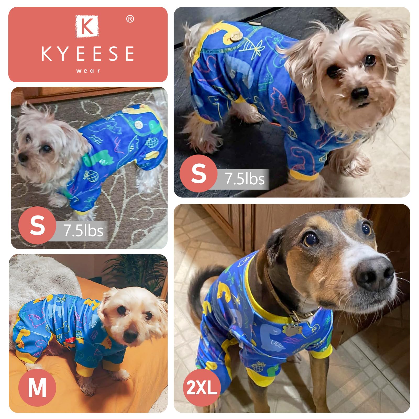 KYEESE Dog Pajamas Large Sized Dog Comfy Clothes Coat Velvet Doggie Jammies with Dinosaur Stretchy Pet Onesie Outfit Soft Pjs, X