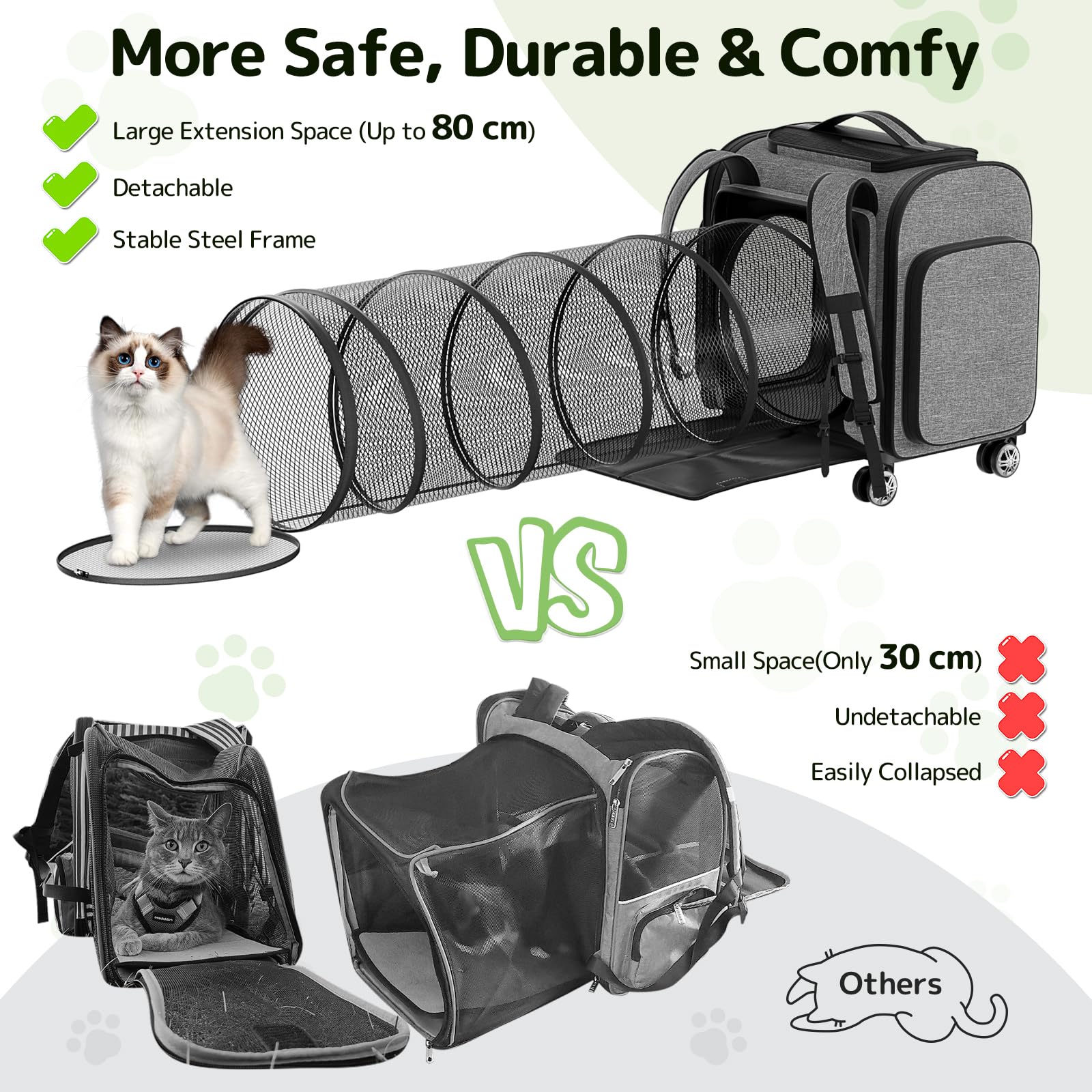 Rolling Cat Carrier With Wheels: Dog Carrier For Small Dogs & Large Cats, Expandable Pet Carrier On Wheels With Cat Play Tunnel,