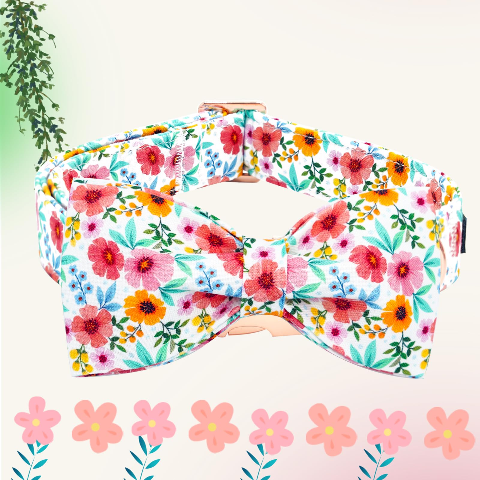 Elegant Little Tail Dog Collar- Cute Floral Dog Collar With Bow For Medium Dogs, Female Adjustable Cotton Summer Pet Bow Holiday