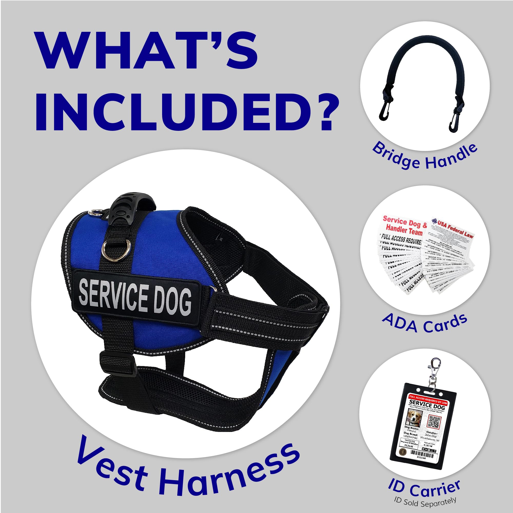 Activedogs Service Dog Vest Harness + Clip-On Bridge Handle + Id Card Carrier + Ada Cards + Reflective Service Dog Patches - Large Service Dog Harness Vest For Large Dogs (Girth 25”-35”) Royal Blue