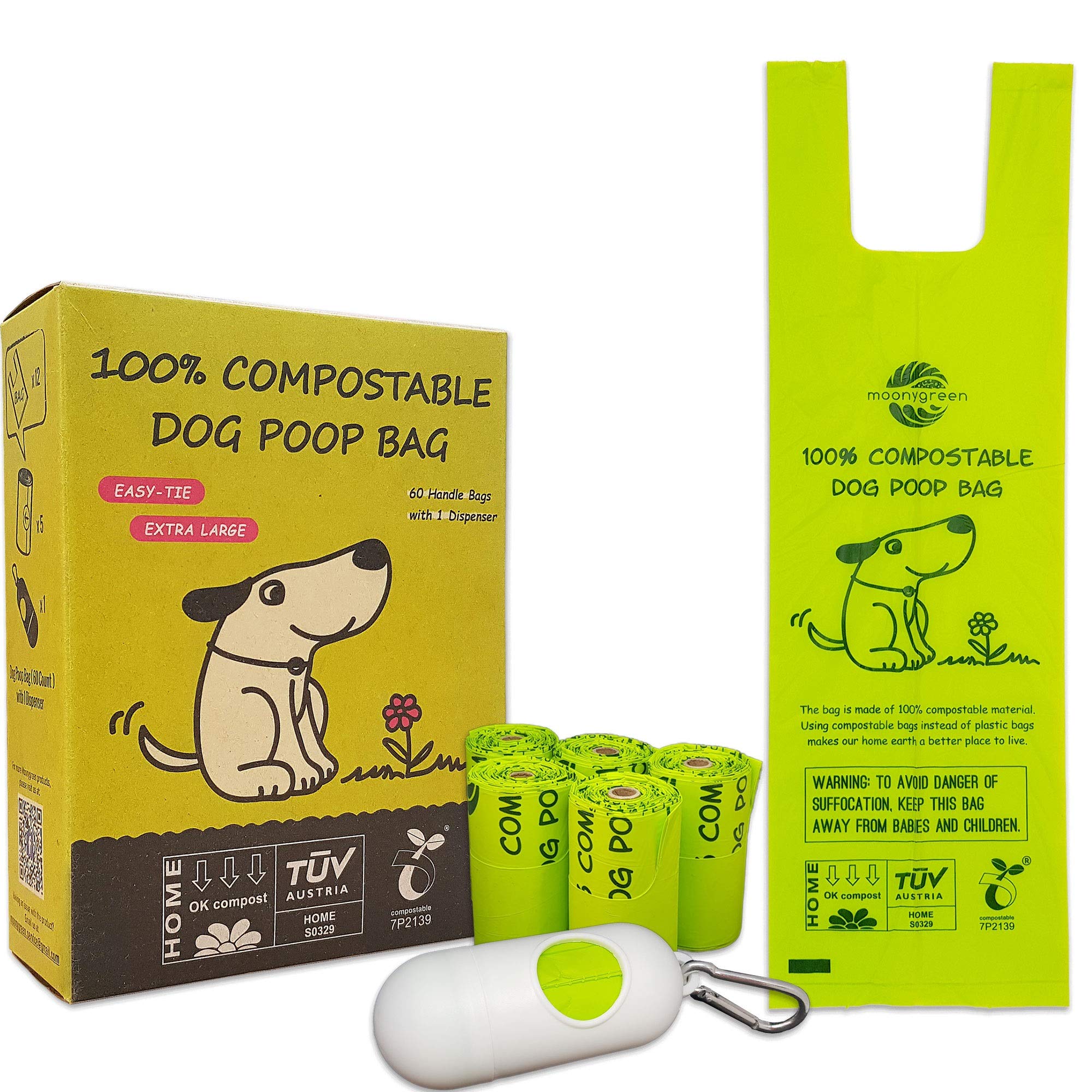 Moonygreen Compostable Dog Poop Bag With Handles, 60 Counts With Holder, Doggie Poop Bags, Pet Waste Bags, Eco-Friendly Unscented, Extra Thick, Leak Proof, For Dogs And Cat Scoops