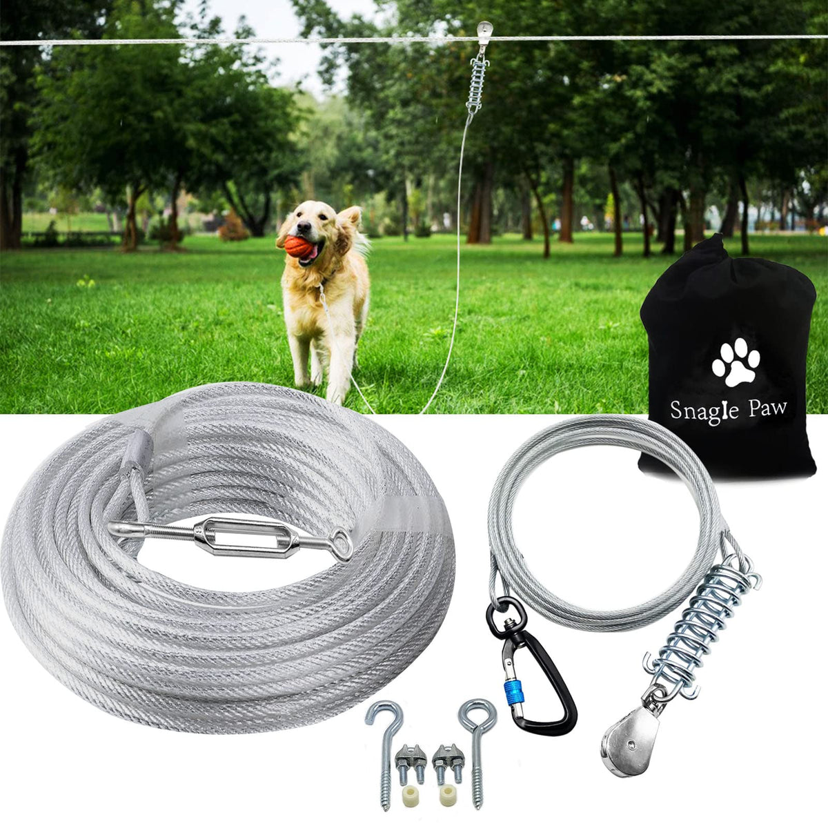 Snagle Paw Dog Tie Out Runner For Yard,Trolley System For Large Dogs, Dog Zipline Aerial Tie Out Cable 75Ft With 10Ft Pulley Run