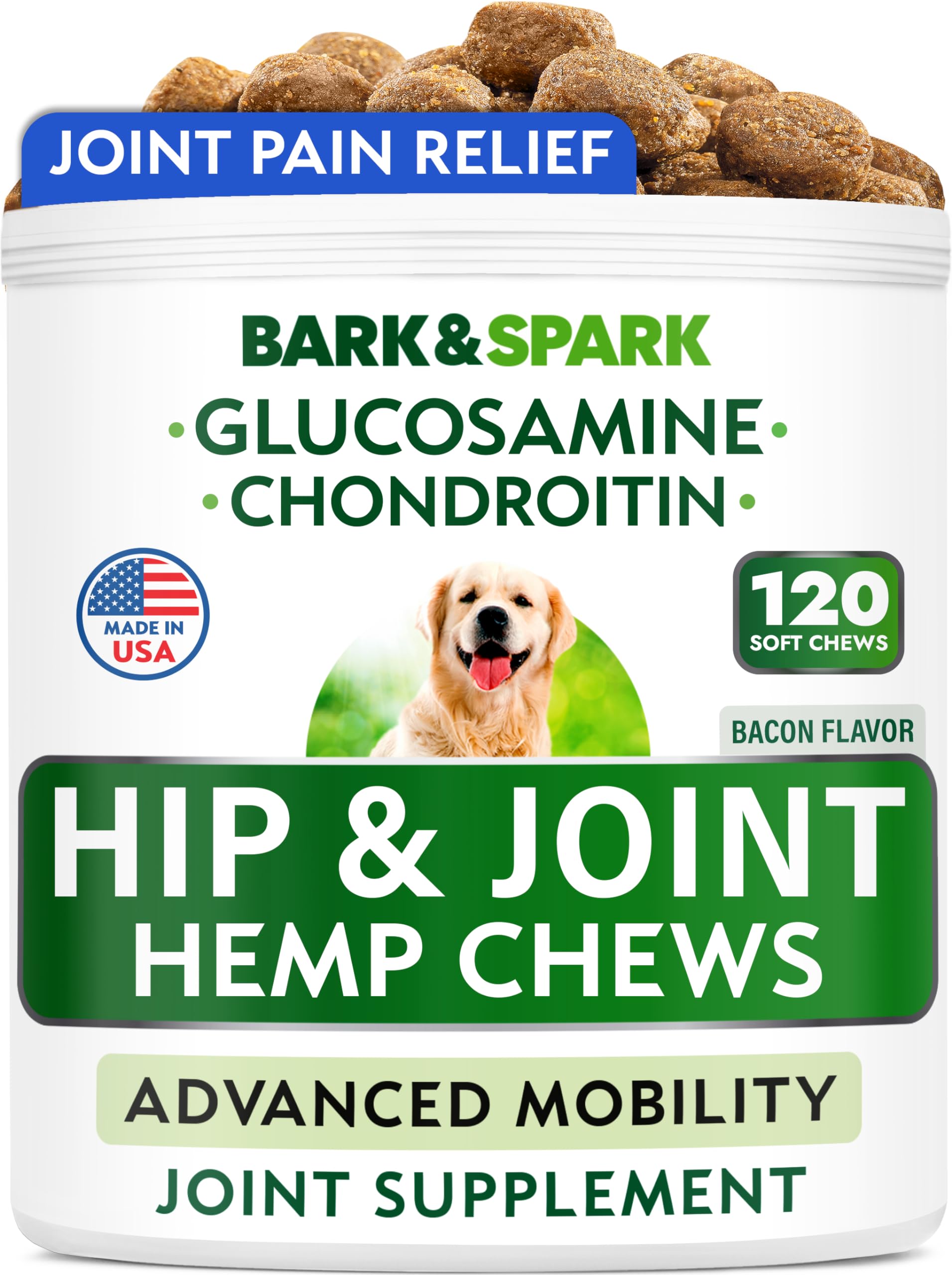 Bark&Spark Advanced Hemp Chews for Dog Joint Pain Relief - Glucosamine Chondroitin Hemp Treats Hip Joint Health - Joint Suppleme