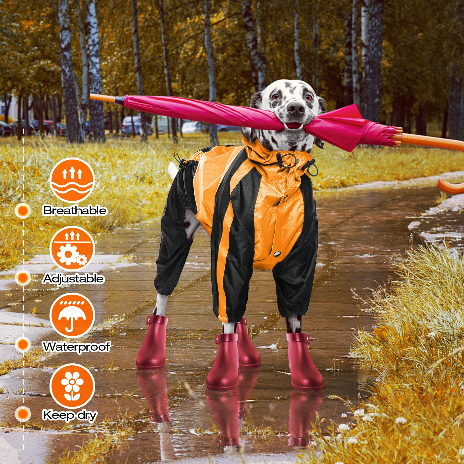 Ouobob Dog Raincoat - Waterproof, Lightweight Jacket For Large Dogs - Adjustable 4 Legs Pet Poncho With Hood, Snow-Proof Vest, L