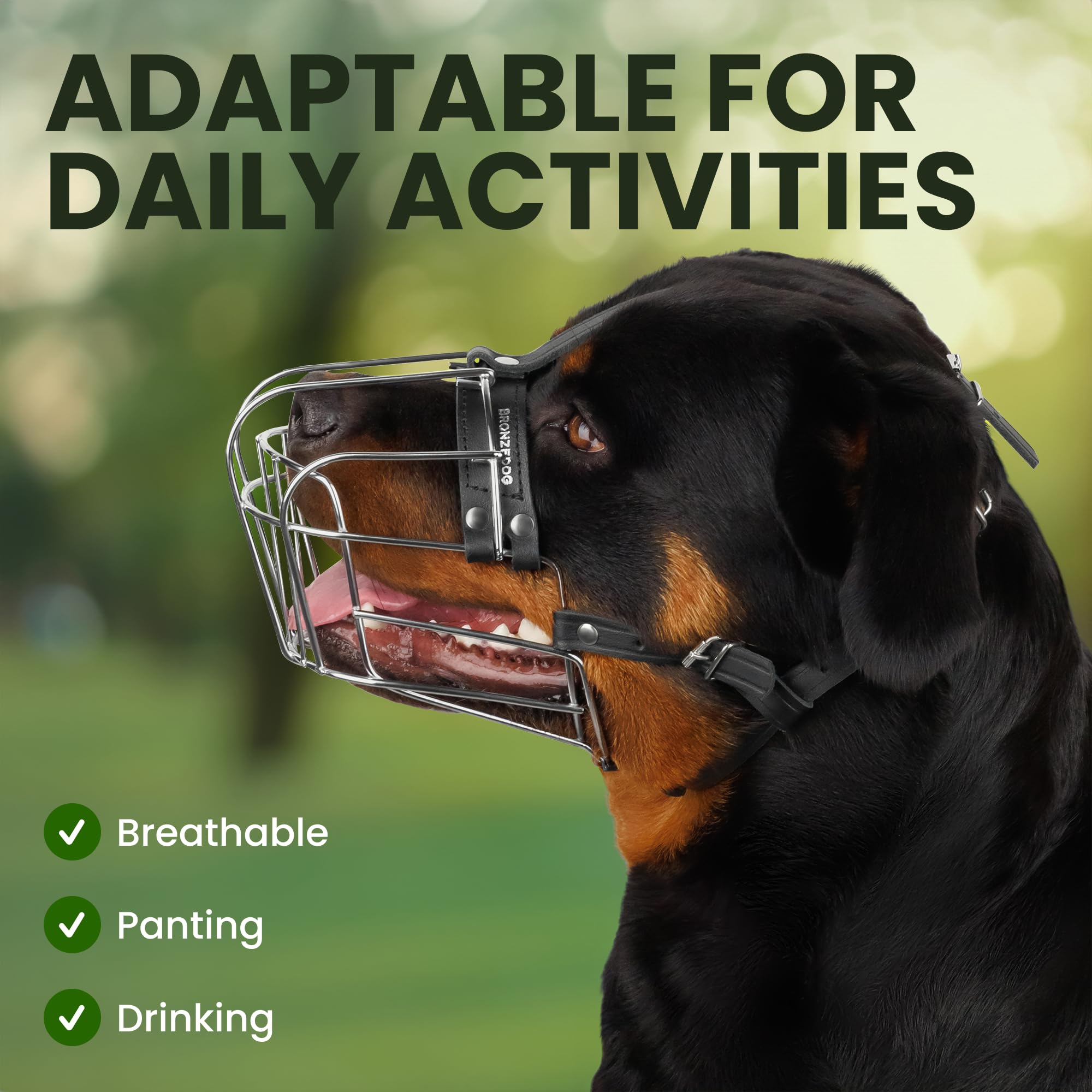 Bronzedog Dog Muzzle Adjustable Durable Metal Wire Basket For Large And Extra Large Dogs With Leather Straps Breathable, Drinkable, Training, Prevents Biting (Stainless Steel, Rottweiler)