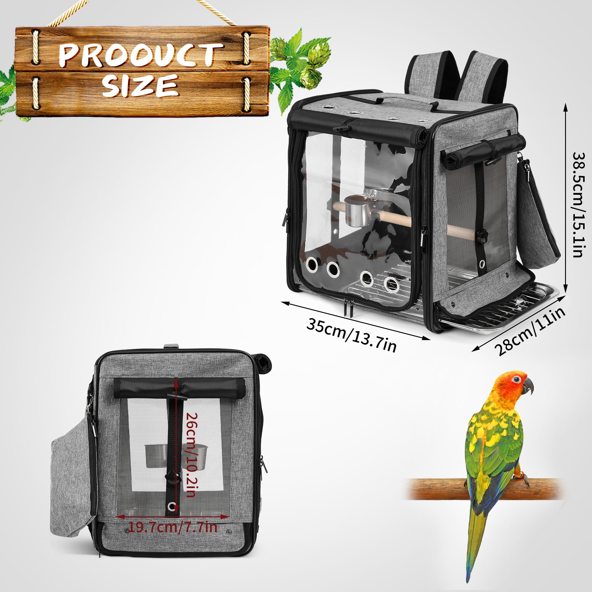 Suertree Bird Carrier With Seat Belt For Car Travel, Bird Backpack Carrier With Indestructible Stainless Steel Mesh, Large Bird