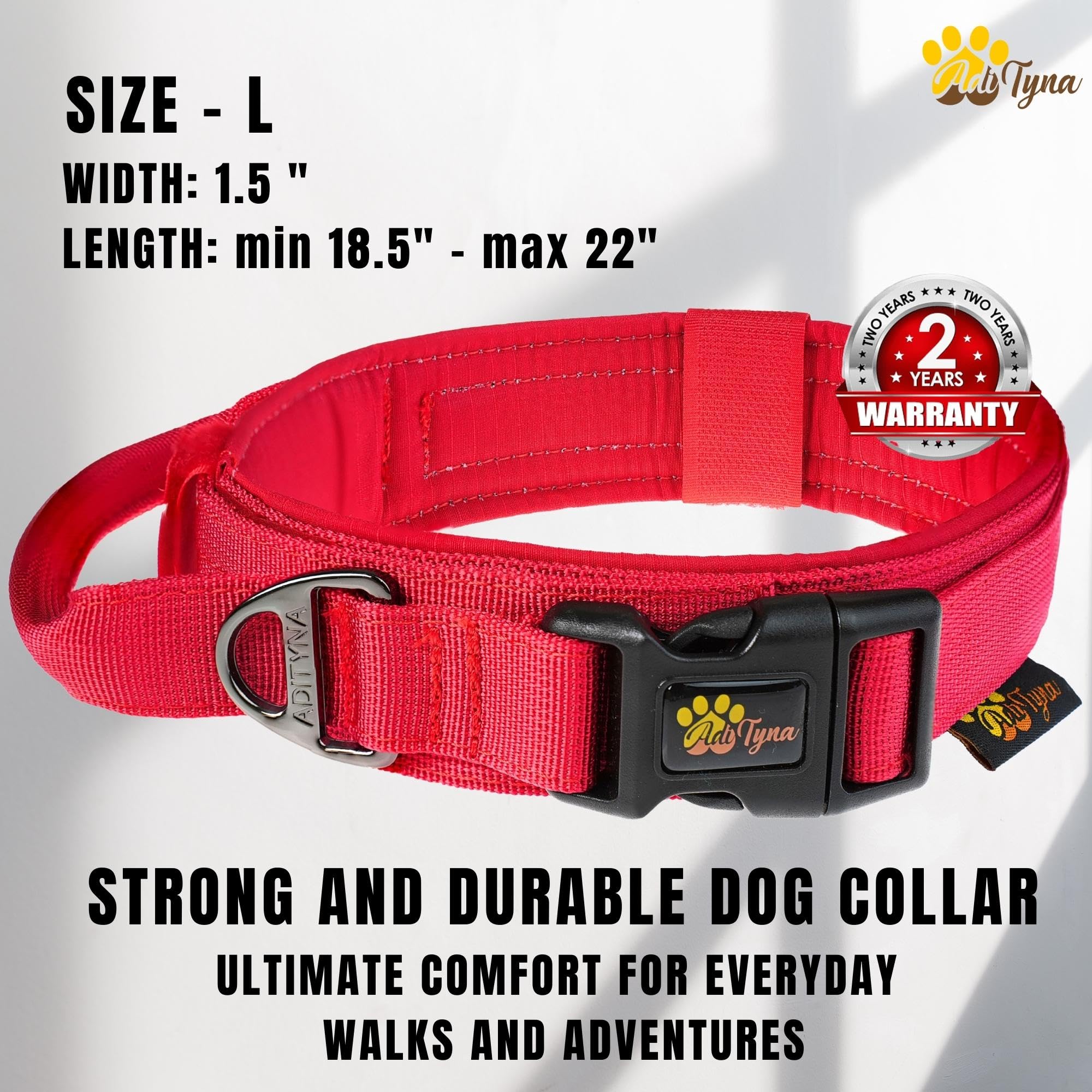 Adityna Heavy-Duty Tactical Dog Collar With Handle - Perfect Red Dog Collar For Training, Walking, Or Hunting (Large: Fit 18.5-2