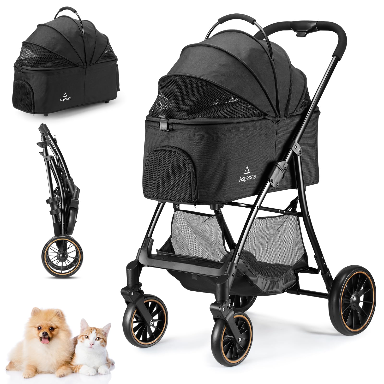 Asperata Pet Stroller for Small/Medium Dogs & Cats up to 55 lbs, Upgraded 4 Wheels Dog Stroller for Large Dogs, 3-in-1 Foldable 