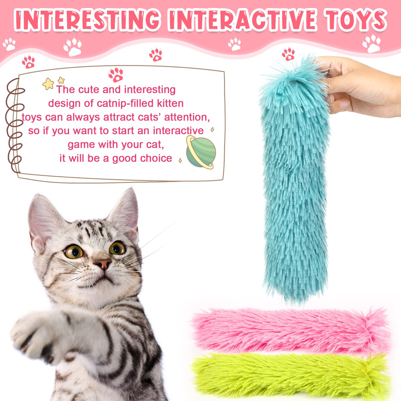 Civaner 6 Pcs Catnip Toys Interactive Cat Kicker Toy Plush Fabric Kick Sticks Chasing Chewing Exercising Filled Chew For Puppy Kitty (Grass Green, Blue, Pink, 10.6 Inch)