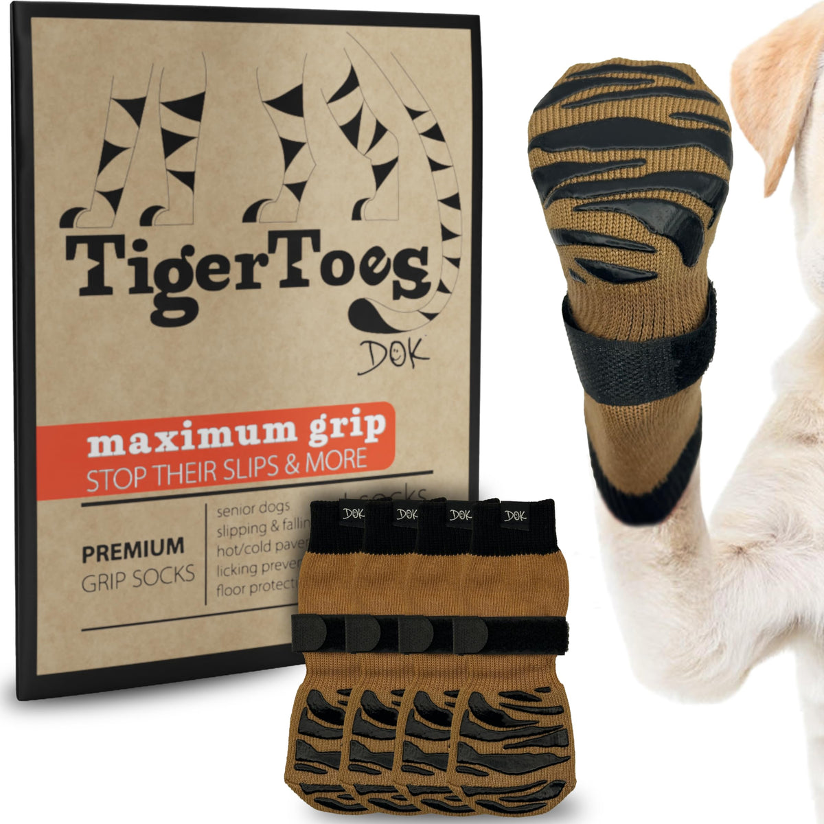 Dok Tigertoes Premium Non-Slip Dog Socks For Hardwood Floors - Extra-Thick Grip That Works Even When Twisted - Prevents Licking, Slipping, And Great For Dog Paw Protection (Cool Caramel, Medium)