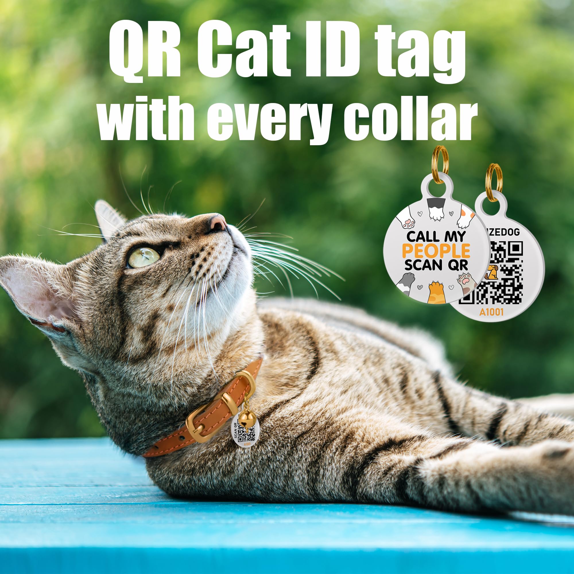 Bronzedog Leather Cat Collar With Bell Non Breakaway Kitten Qr Tag For Girl Boy (7' - 9' For Cats, Light Brown & Gold)