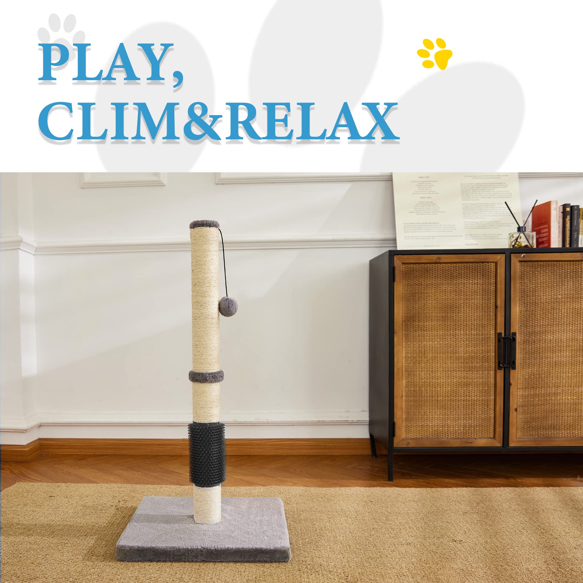 MeowHomm 32  Cat Scratching Post with Self Groomer Cat Brush, Sisal Rope Tall Cat Scratching Post with Soft Hanging Ball for Ind