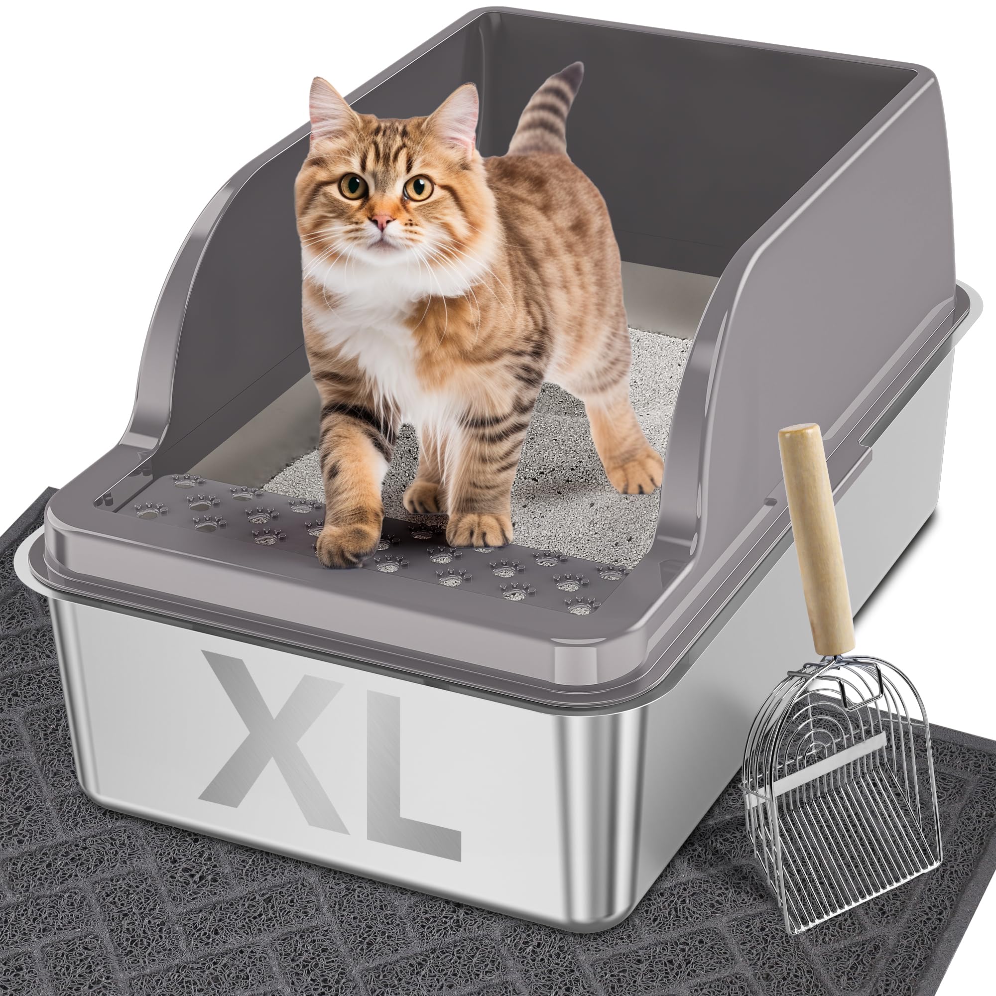 Upsky Stainless Steel Cat Litter Box With Lid, Xl Large Metal Litter Box For Large Breeds, Enclosed Kitty Litter Pan With High S