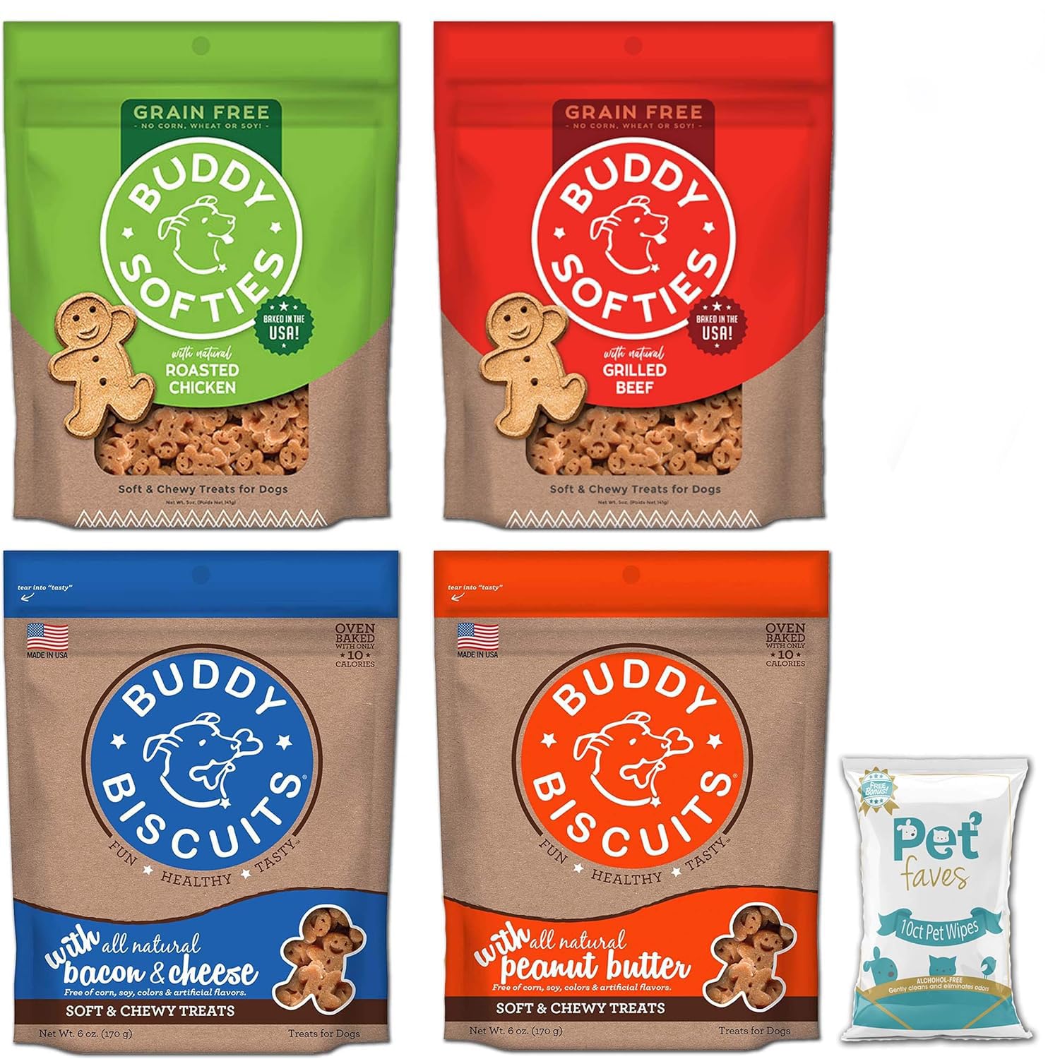 Pet Faves Buddy Biscuits Soft & Chewy Treats for Small & Large Dogs, Grilled Beef, Roasted Chicken, Bacon & Cheese Peanut Butter