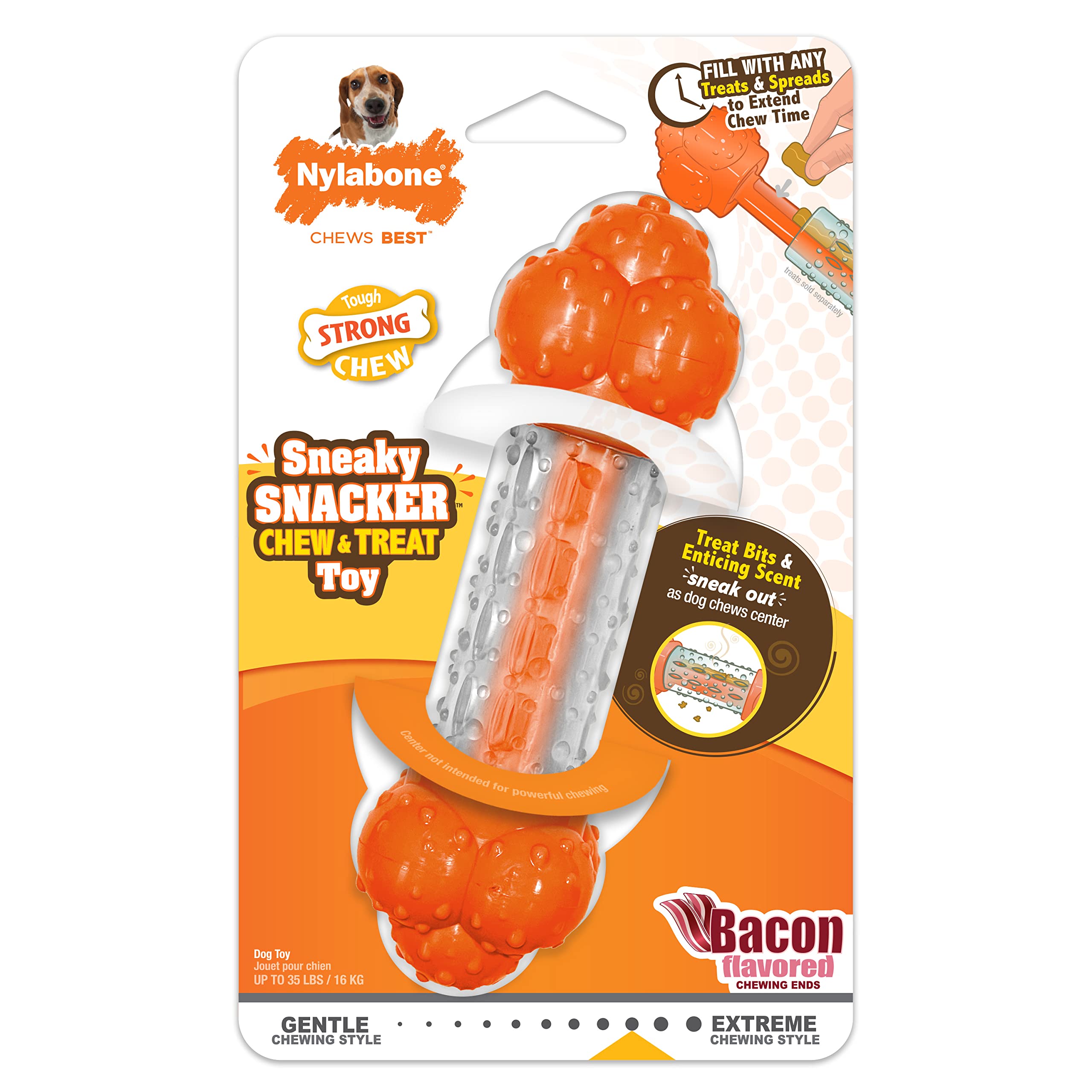 Nylabone Strong Chew Sneaky Snacker Treat Toy for Dogs, Interactive Dog Enrichment Chew Toys, Bacon Flavor, Medium/Wolf - Up to 