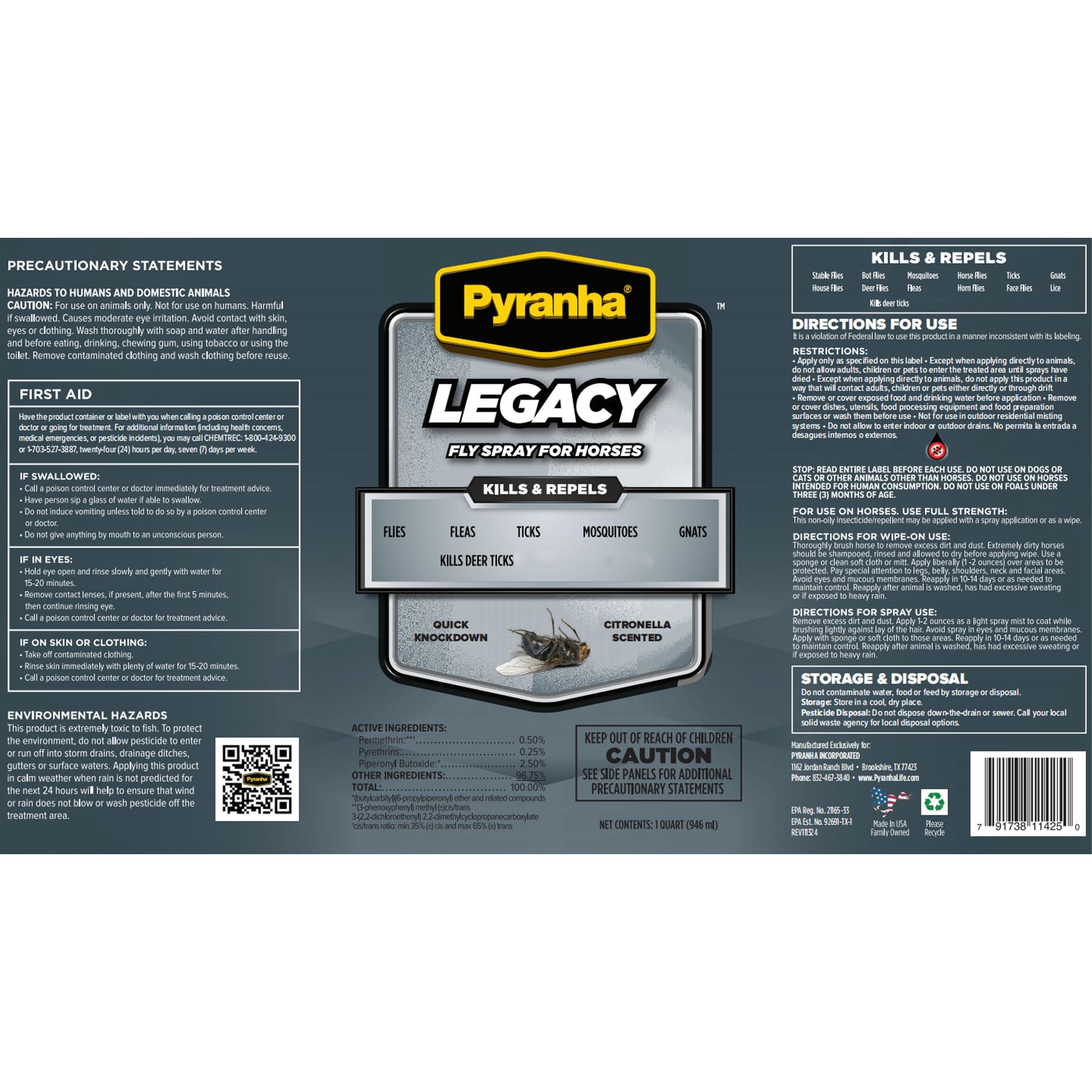 PYRANHA Legacy Fly Spray for Horses - Water-Based Long Lasting Fly Control Repels Horn, Deer, Horse, House, Stable, & Face Flies