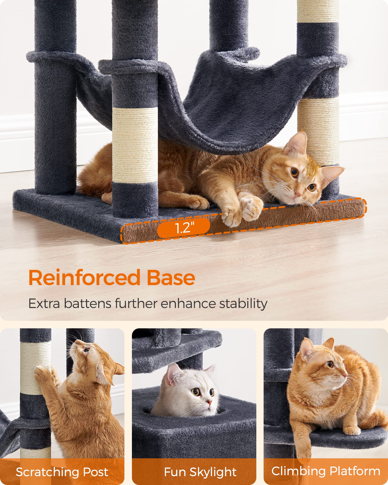 Feandrea Cat Tree, 61-Inch Cat Tower For Indoor Cats, Plush Multi-Level Cat Condo With 5 Scratching Posts, 2 Perches, 2 Caves, Hammock, 2 Pompoms, Smoky Gray Upct192G01