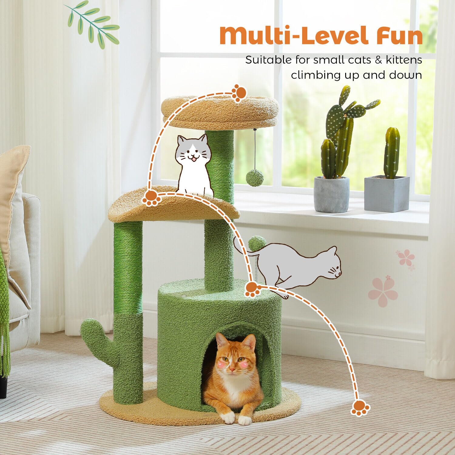 Pawz Road Cactus Cat Tree Small Cat Tower 32    Cat Scratching Post With Curved Perch, Cozy Cat Condo, Removable Padded Top Bed